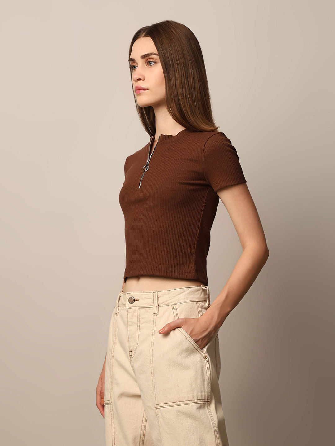 Brown Zip Neck Top