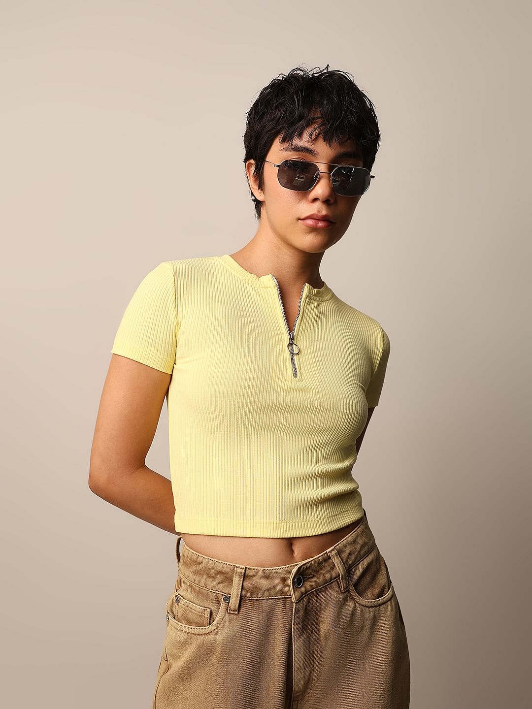 Yellow Zipped Ribbed Top