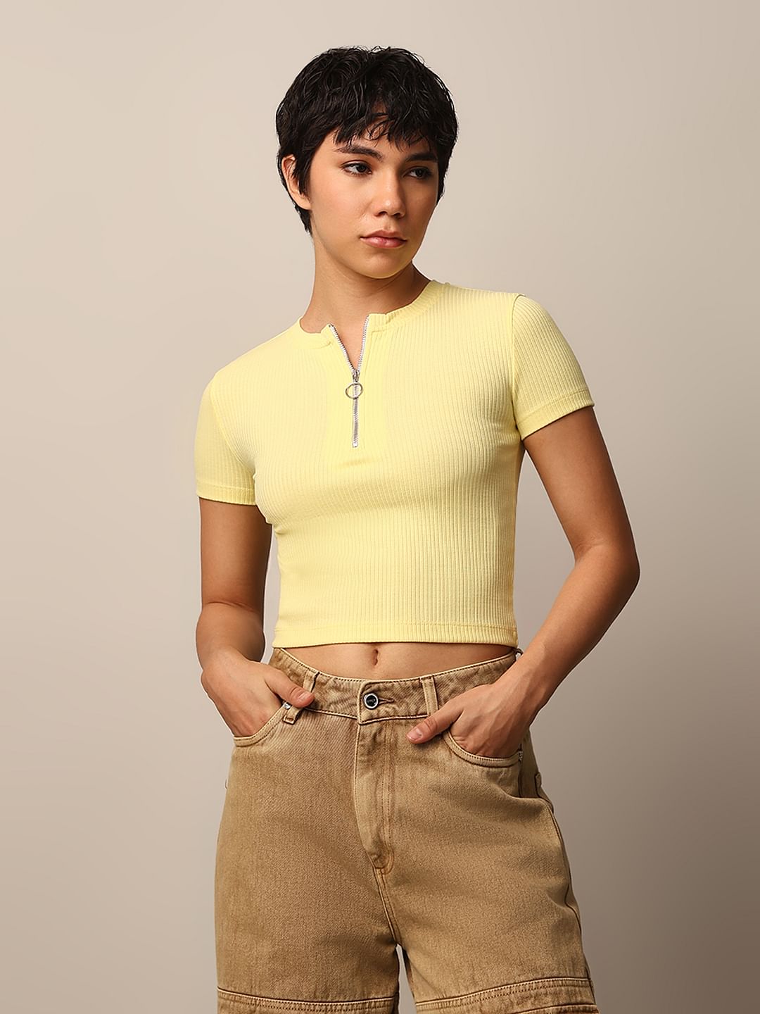 Yellow Zipped Ribbed Top