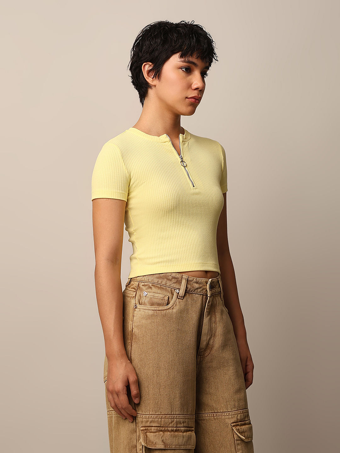 Yellow Zipped Ribbed Top
