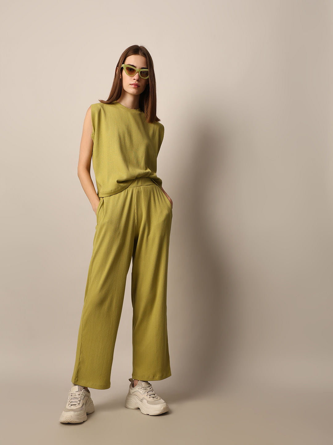 Green Ribbed Co-Ord Set Pants