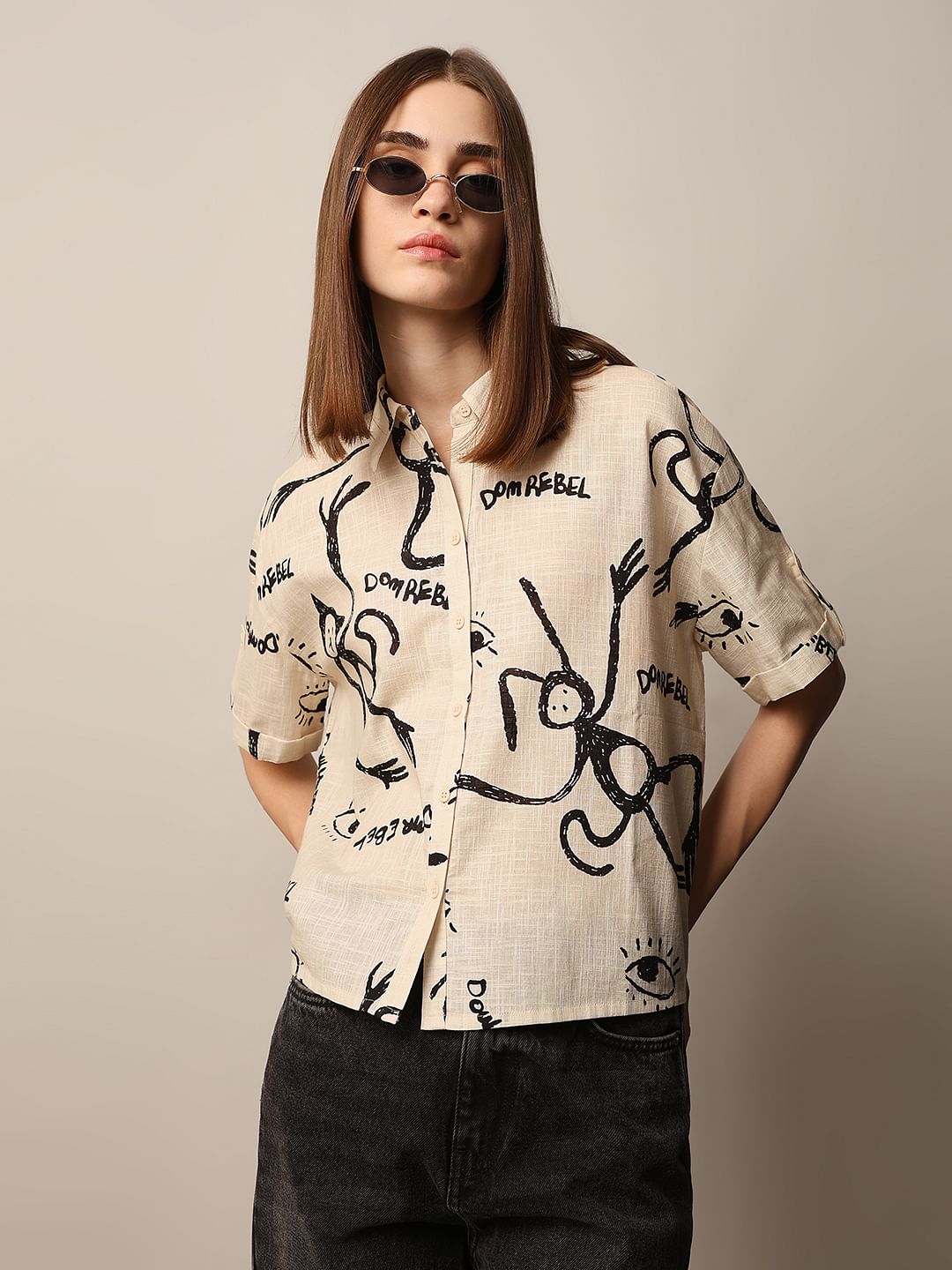Beige Printed Cotton Shirt