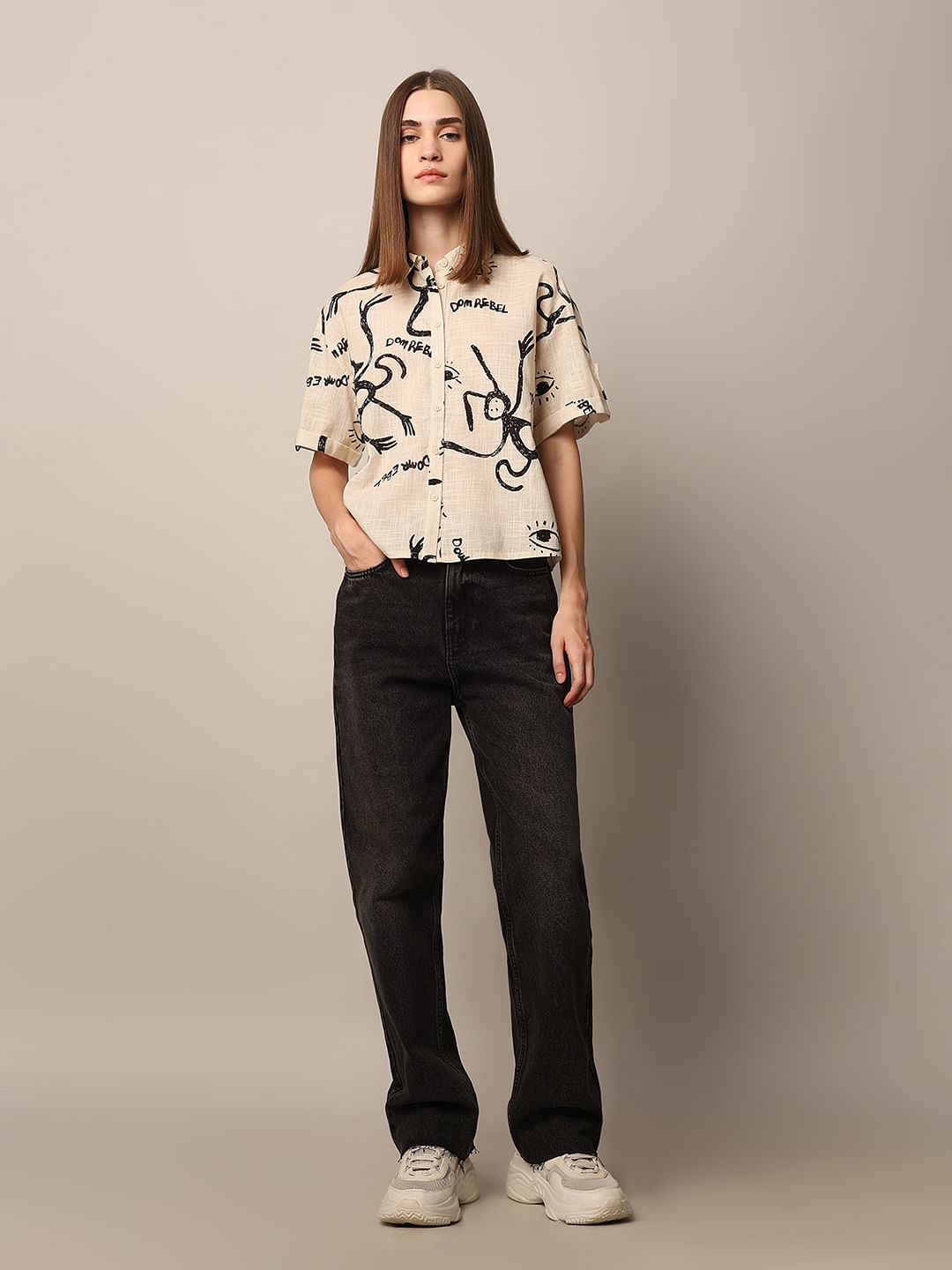 Beige Printed Cotton Shirt