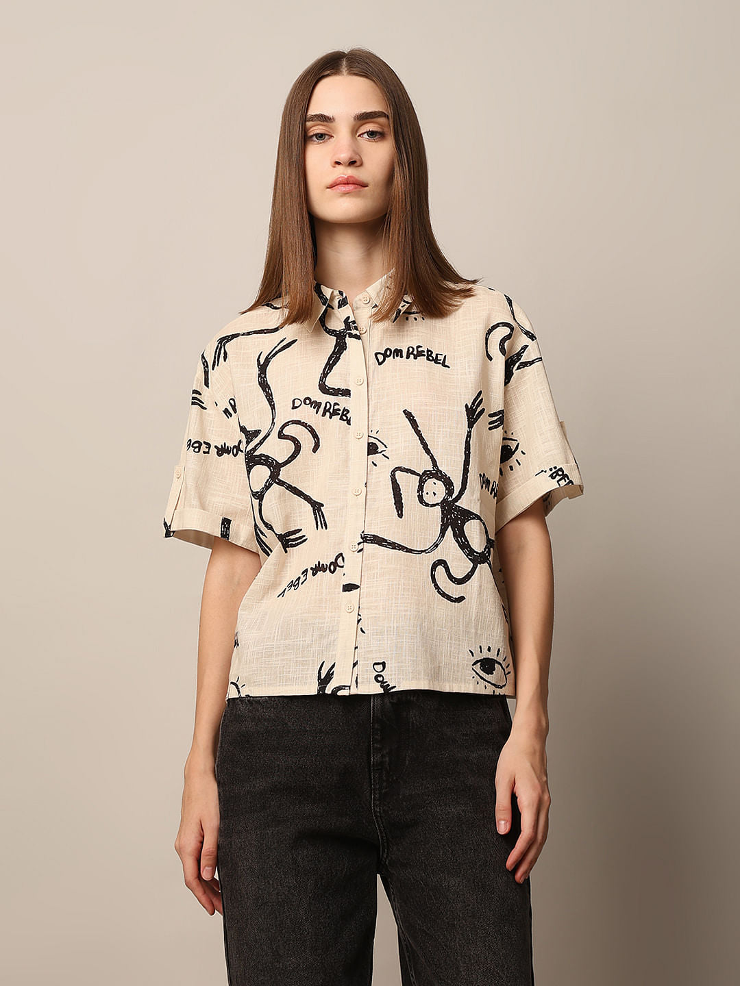 Beige Printed Cotton Shirt