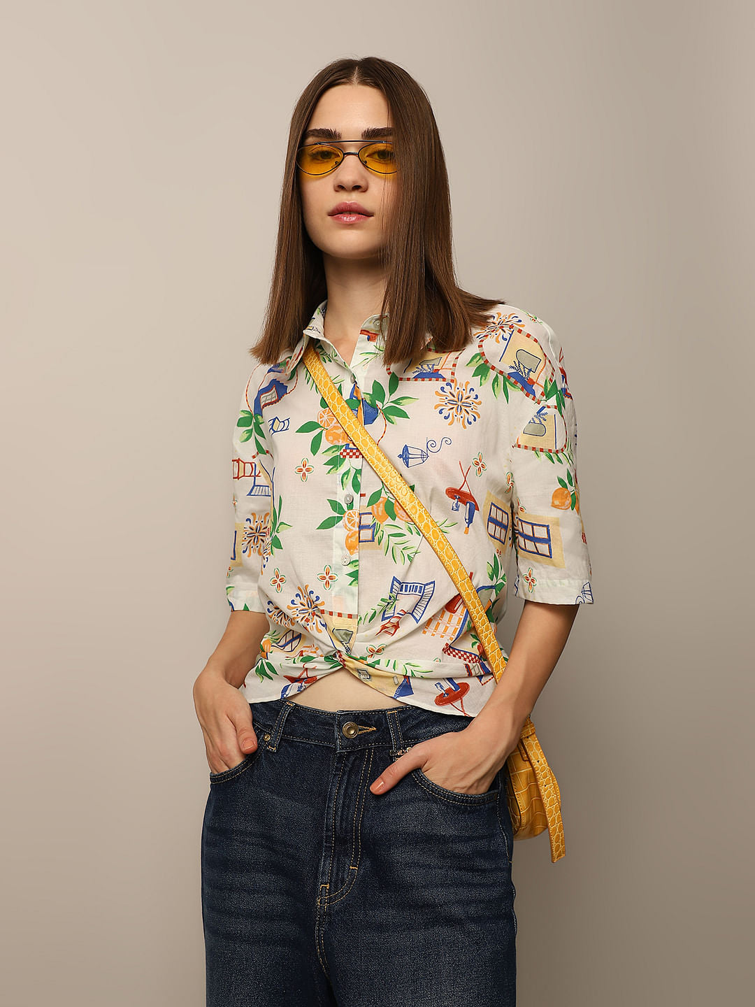 White Knot Detail Printed Shirt