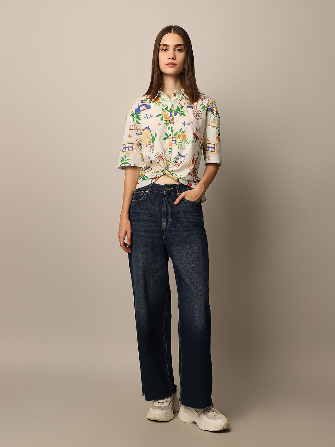 White Knot Detail Printed Shirt