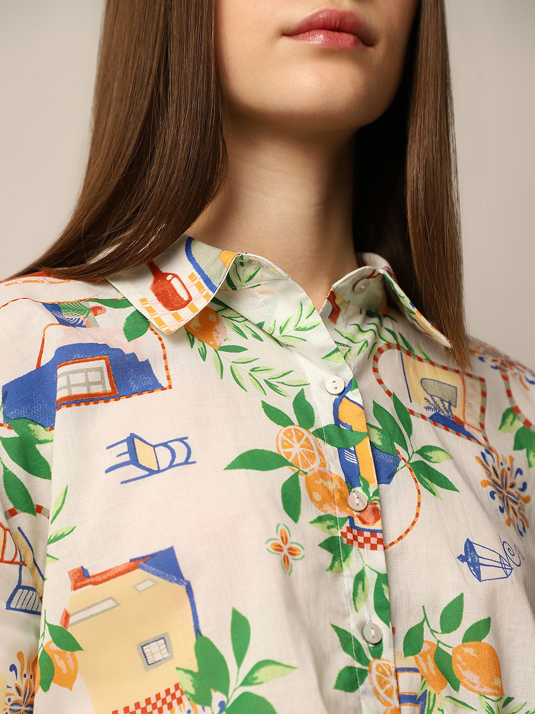 White Knot Detail Printed Shirt