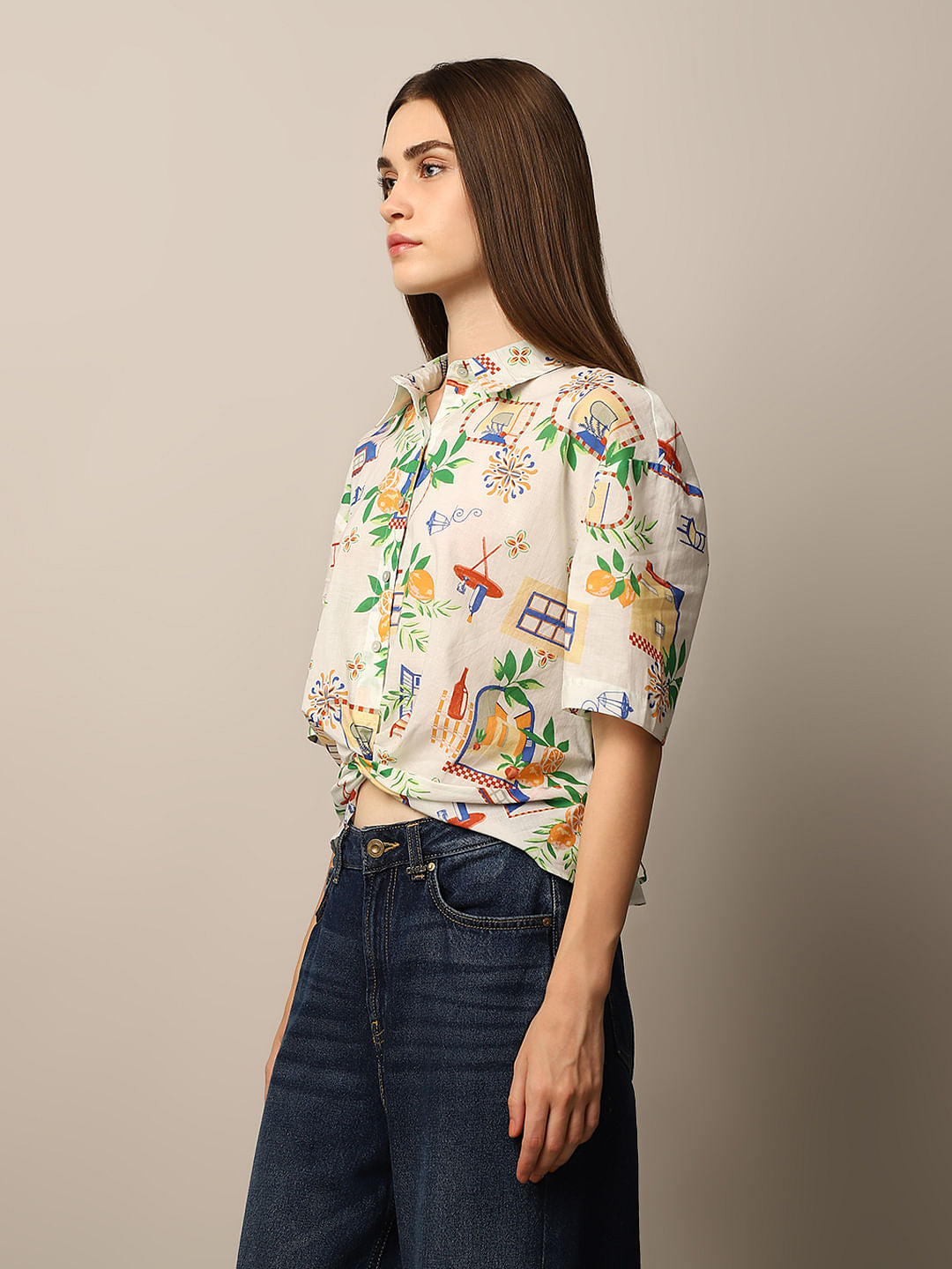 White Knot Detail Printed Shirt