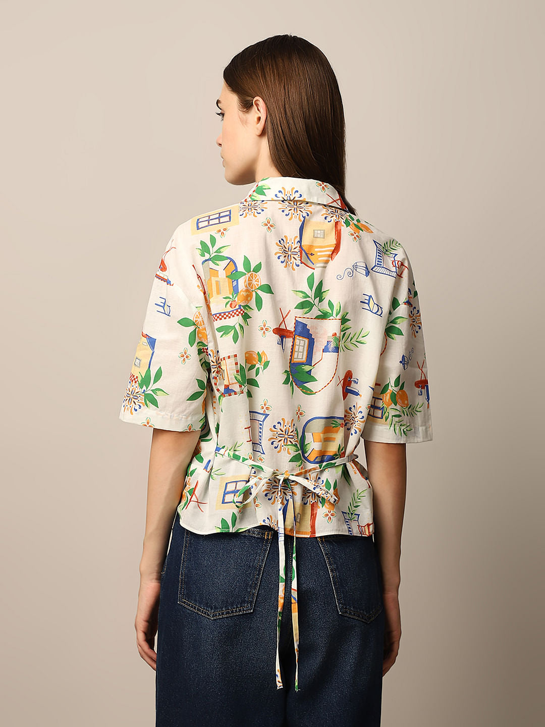 White Knot Detail Printed Shirt