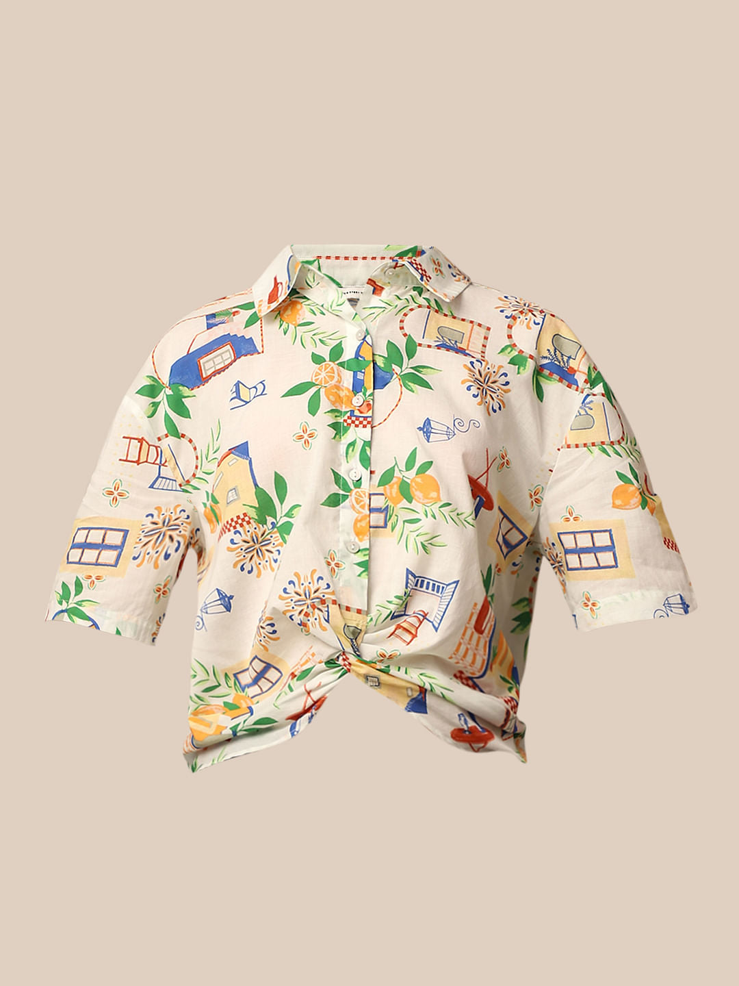 White Knot Detail Printed Shirt