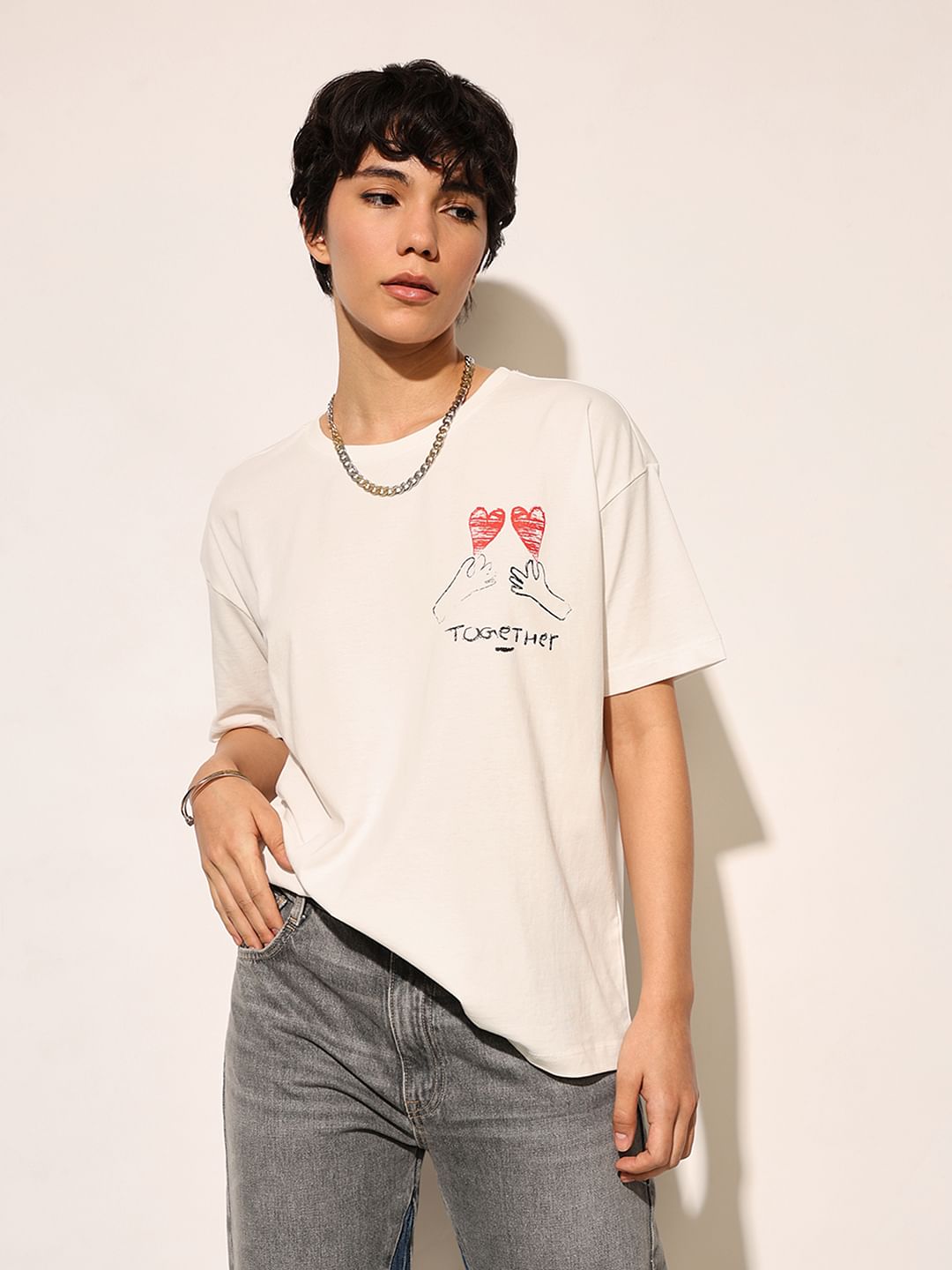 White Printed Cotton Oversized T-Shirt