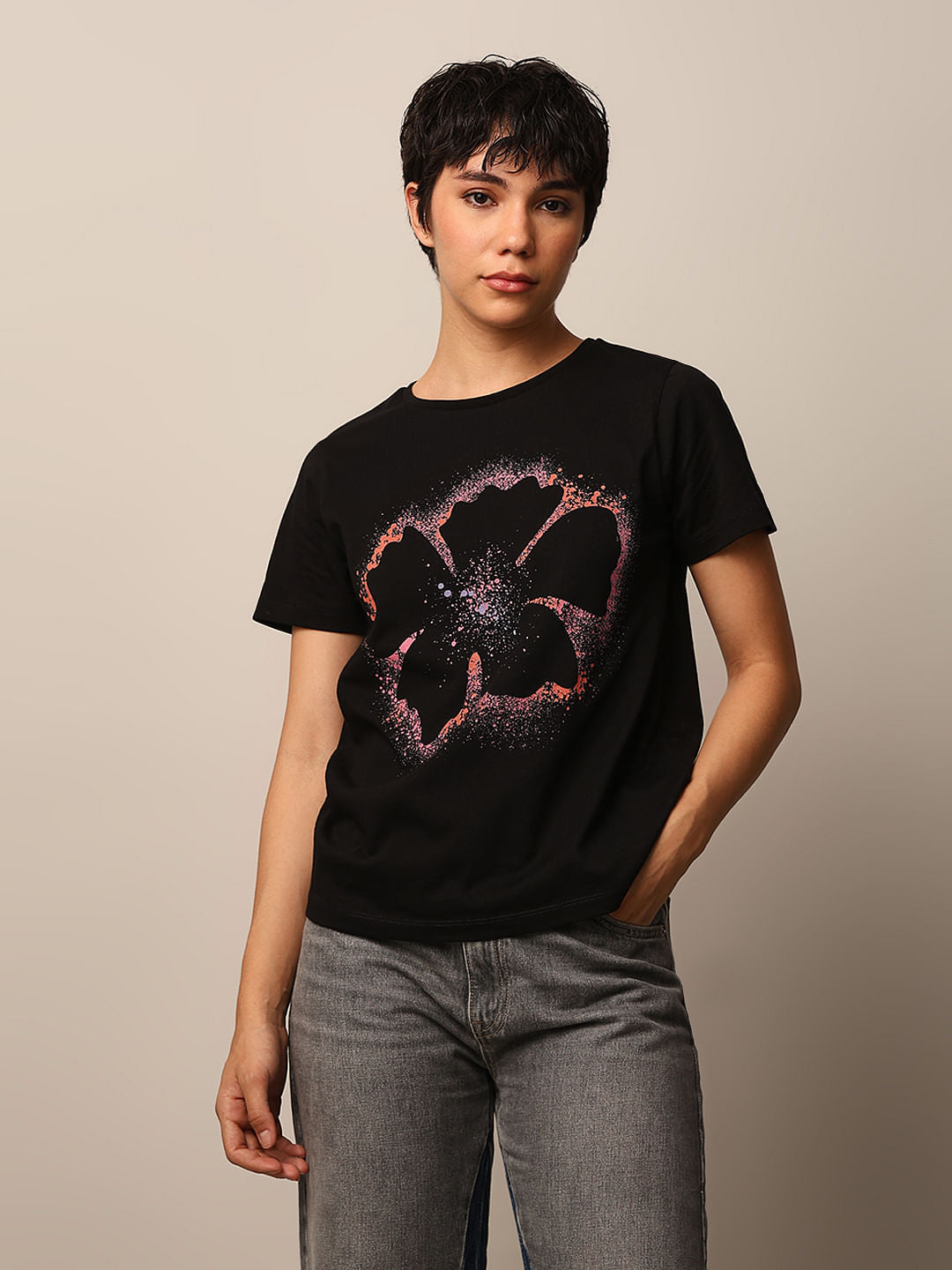 Black Printed Cotton T-Shirt