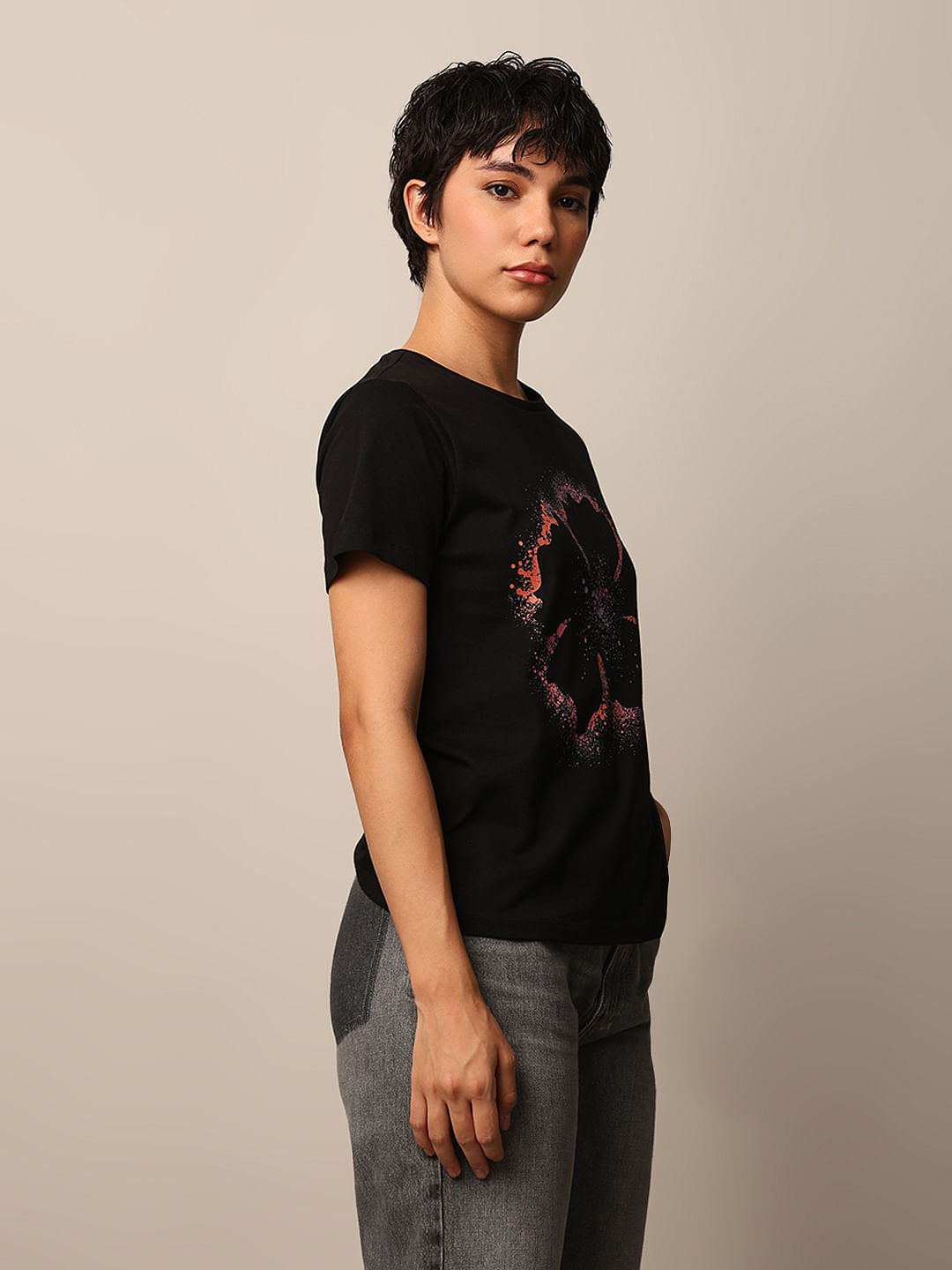 Black Printed Cotton T-Shirt
