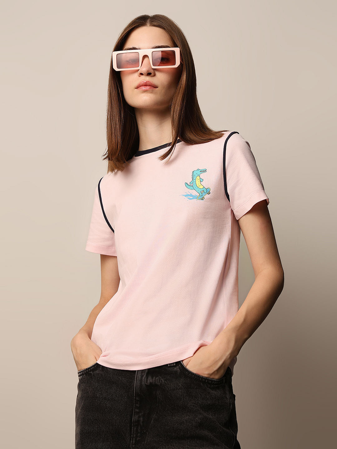 Pink Contrast Stitch Cotton T-Shirt