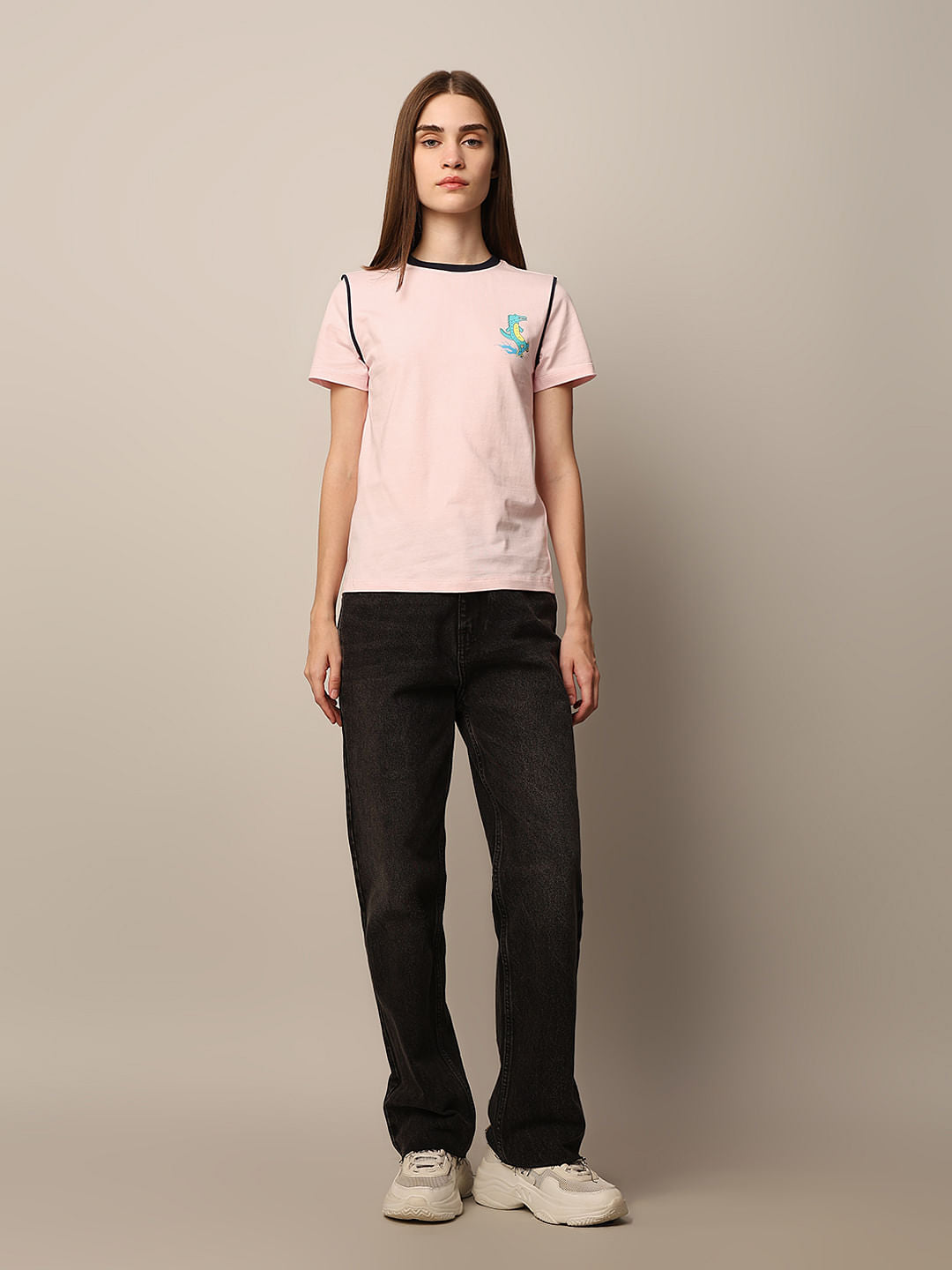 Pink Contrast Stitch Cotton T-Shirt