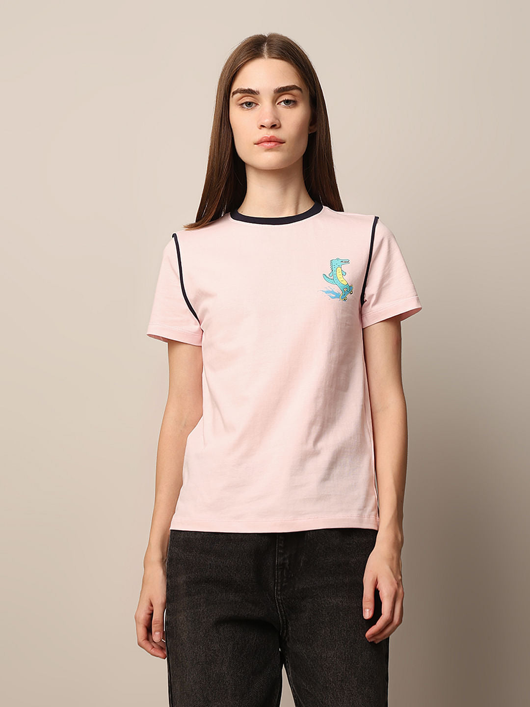 Pink Contrast Stitch Cotton T-Shirt