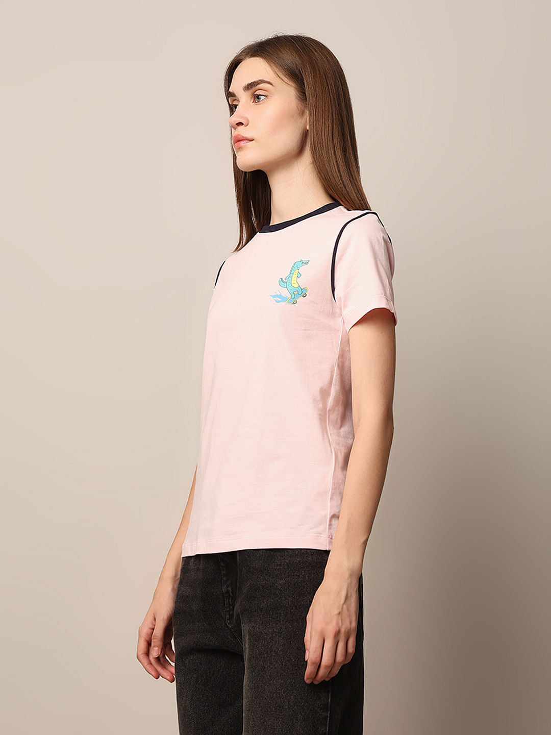 Pink Contrast Stitch Cotton T-Shirt