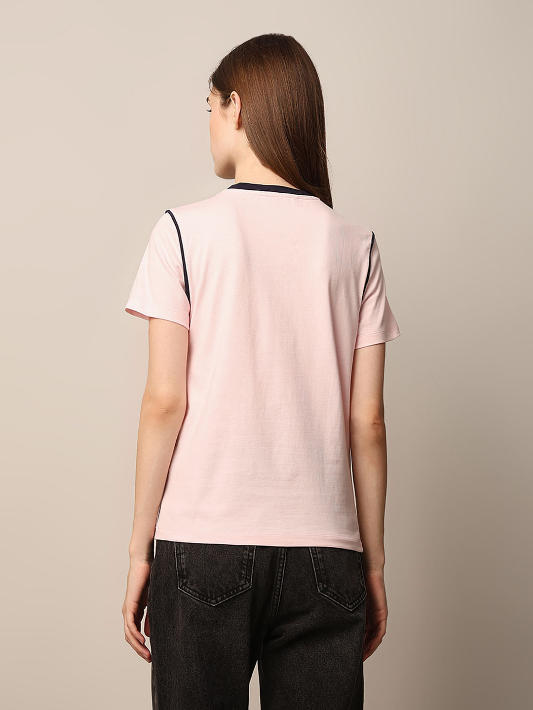 Pink Contrast Stitch Cotton T-Shirt