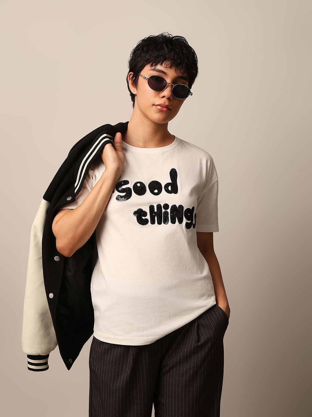 White Sequined Cotton T-Shirt