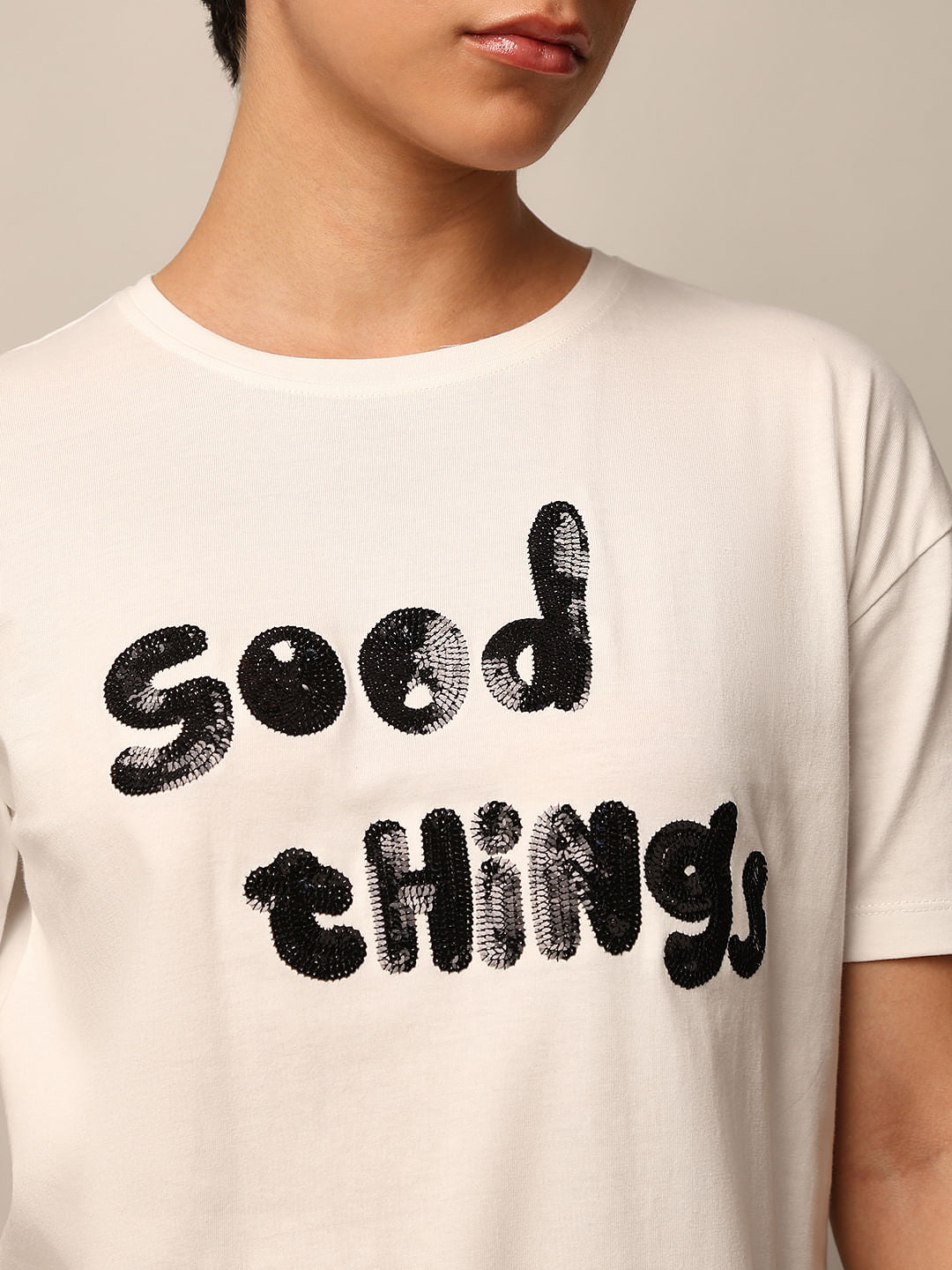 White Sequined Cotton T-Shirt