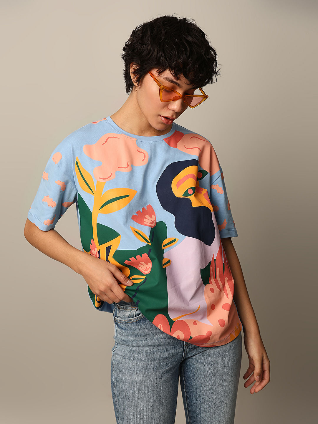 Blue Printed Cotton T-Shirt