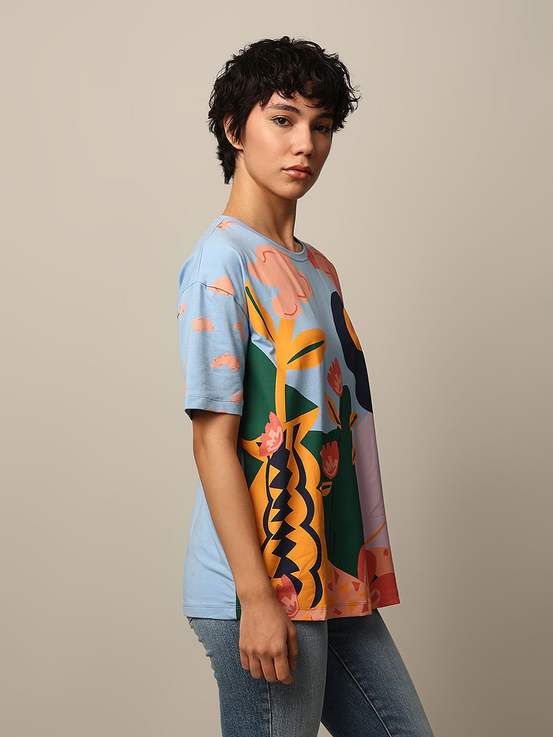 Blue Printed Cotton T-Shirt