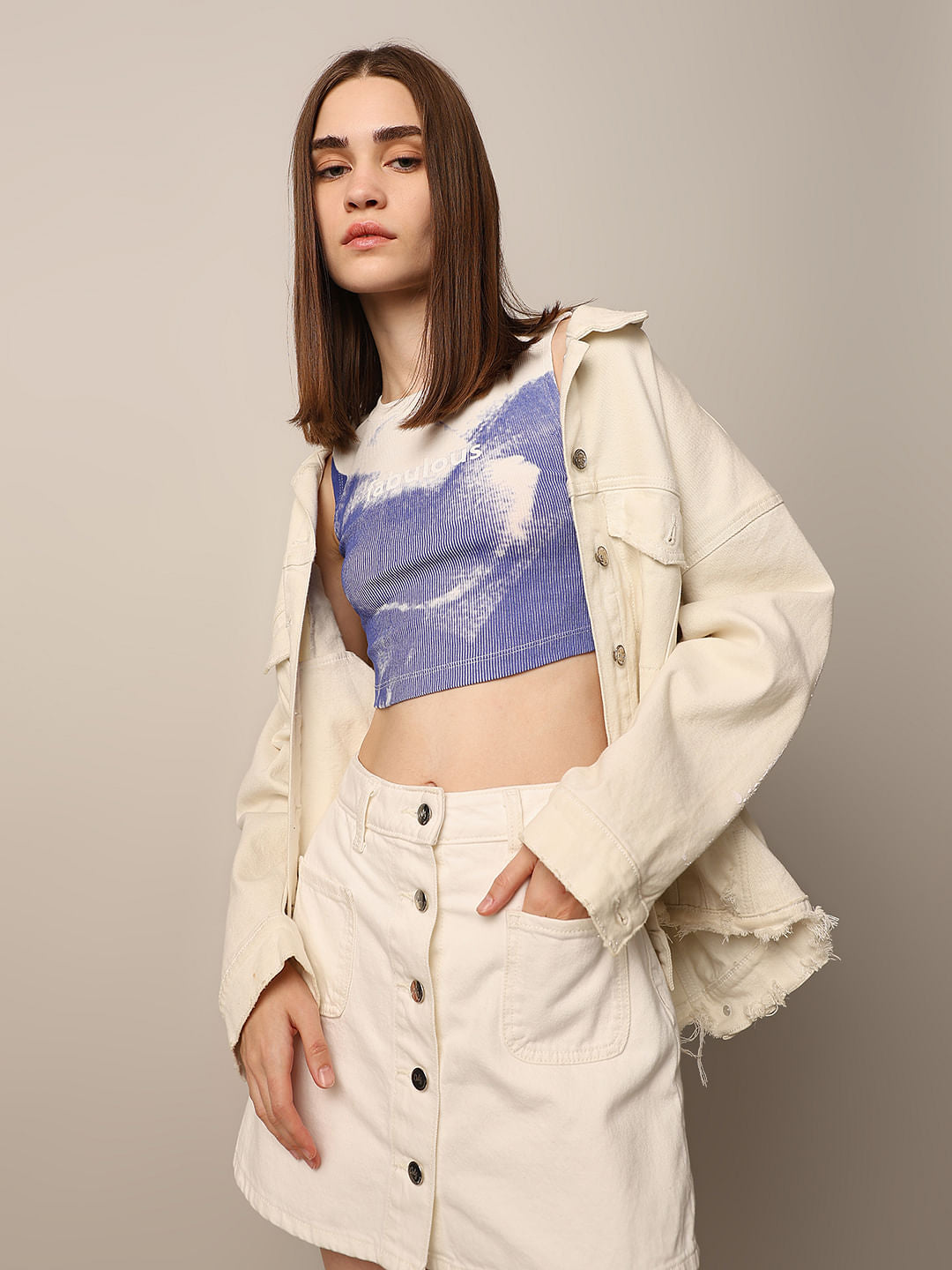 White Printed Cropped Top