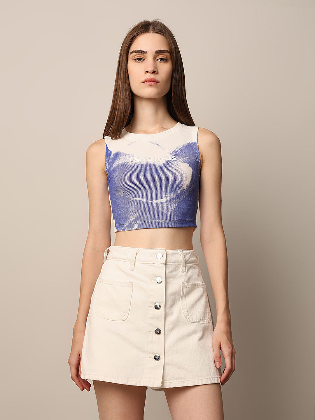 White Printed Cropped Top
