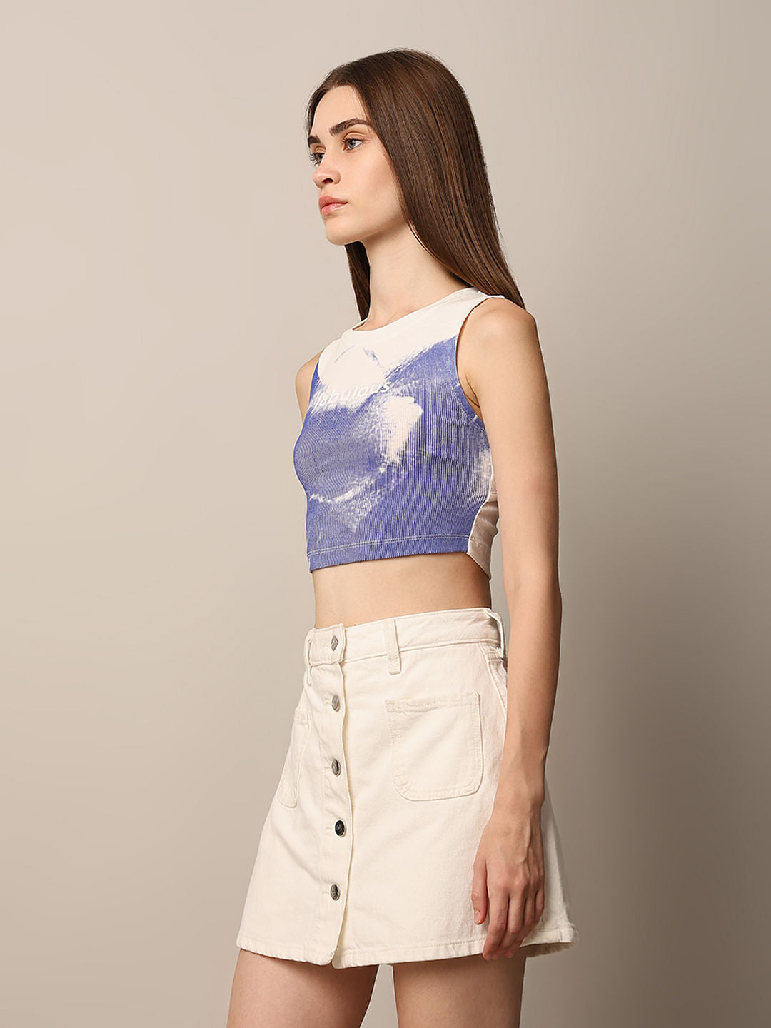 White Printed Cropped Top