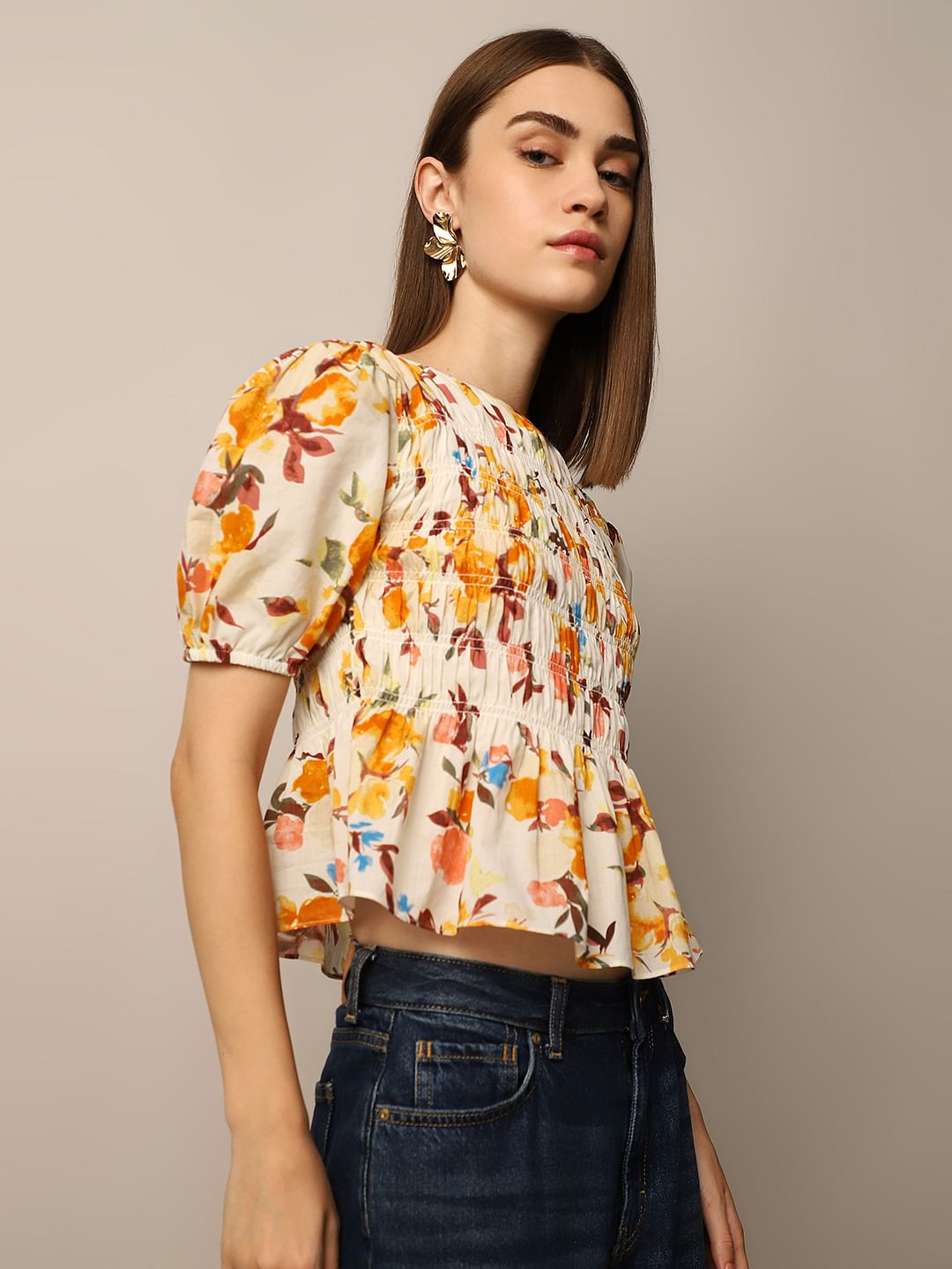 White Floral Print Smocked Top