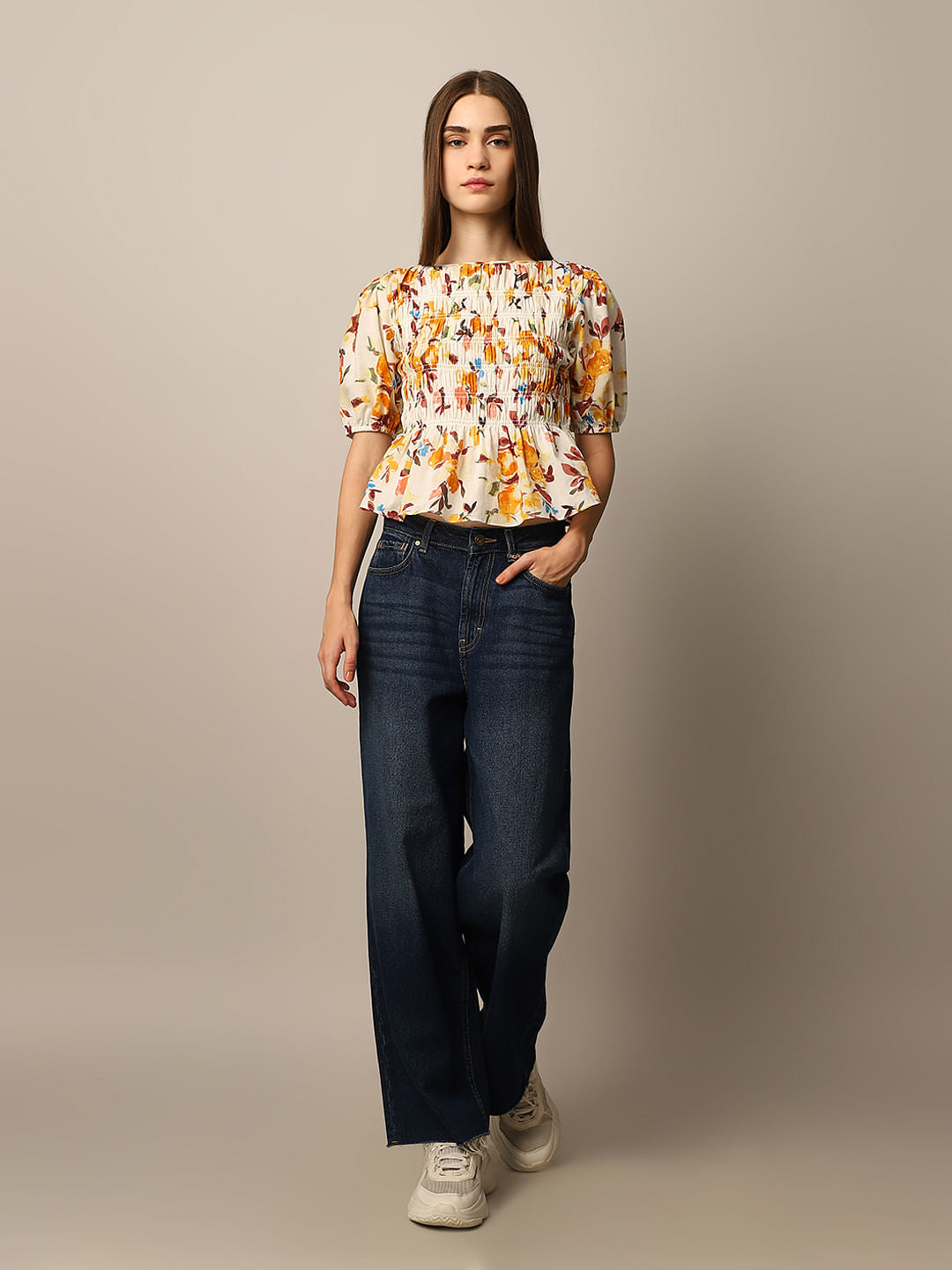 White Floral Print Smocked Top