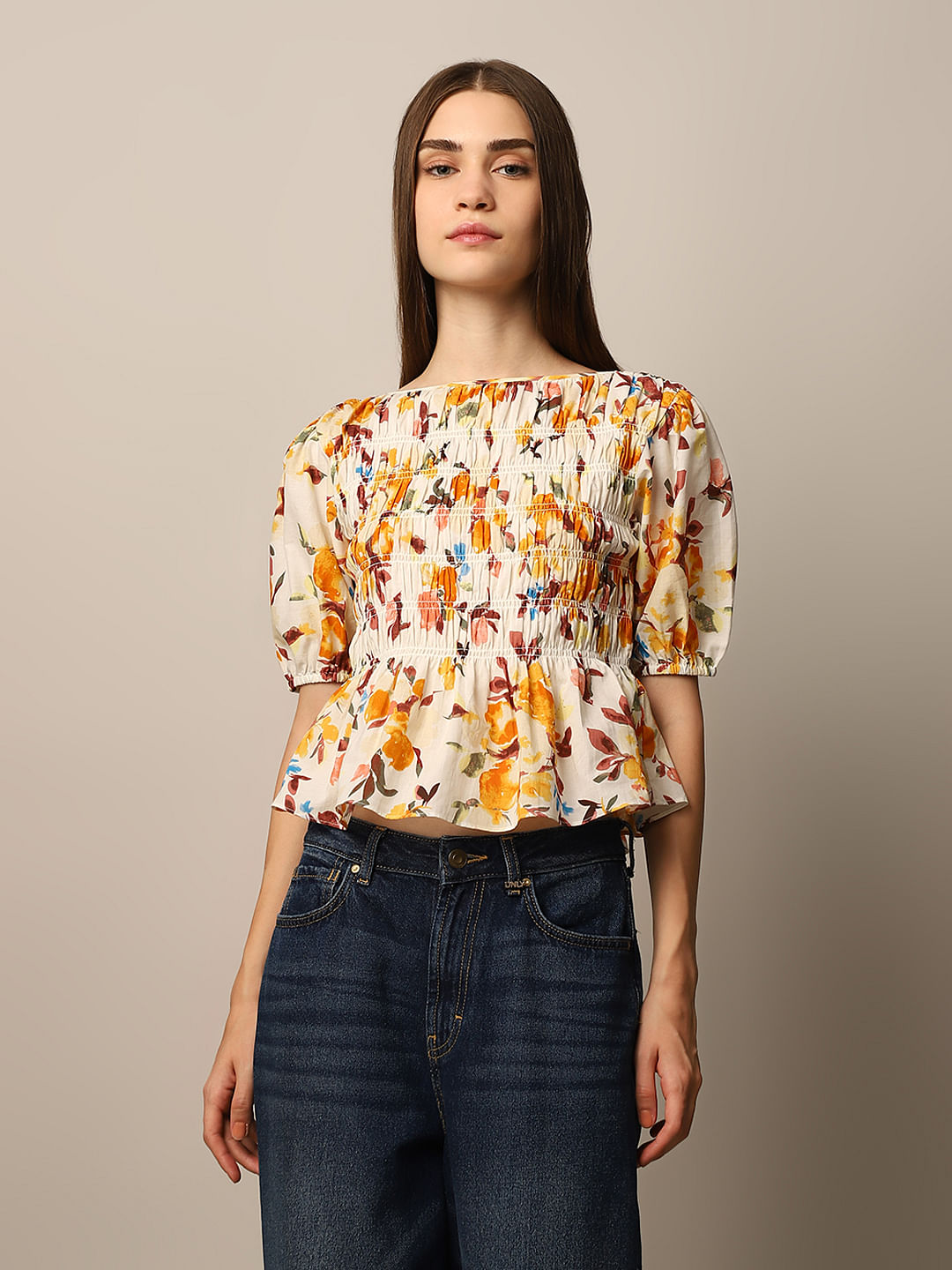 White Floral Print Smocked Top