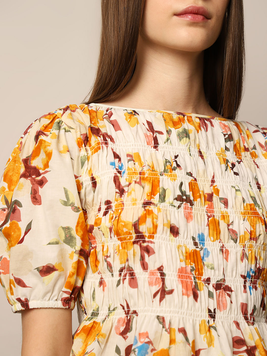 White Floral Print Smocked Top