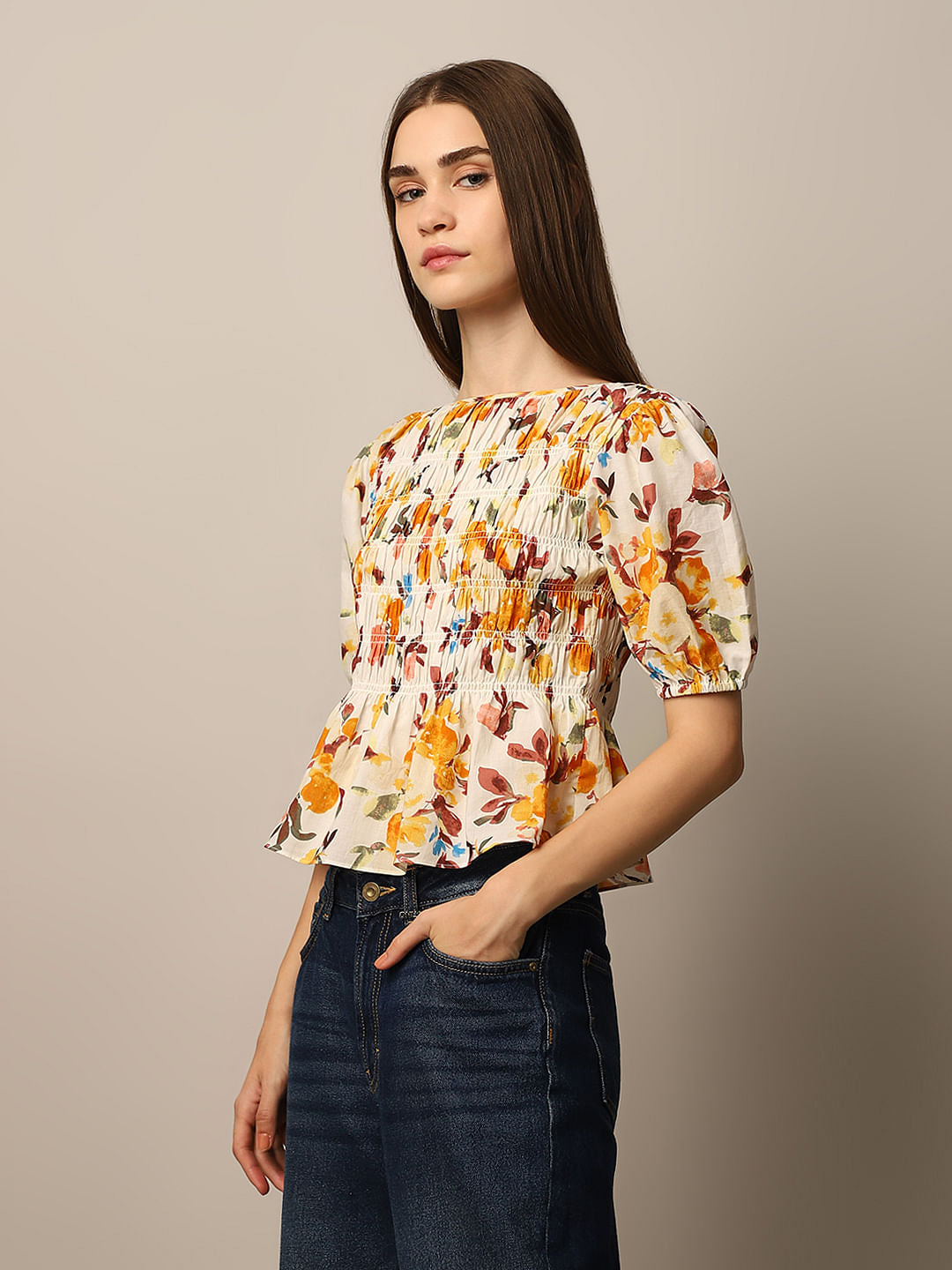 White Floral Print Smocked Top