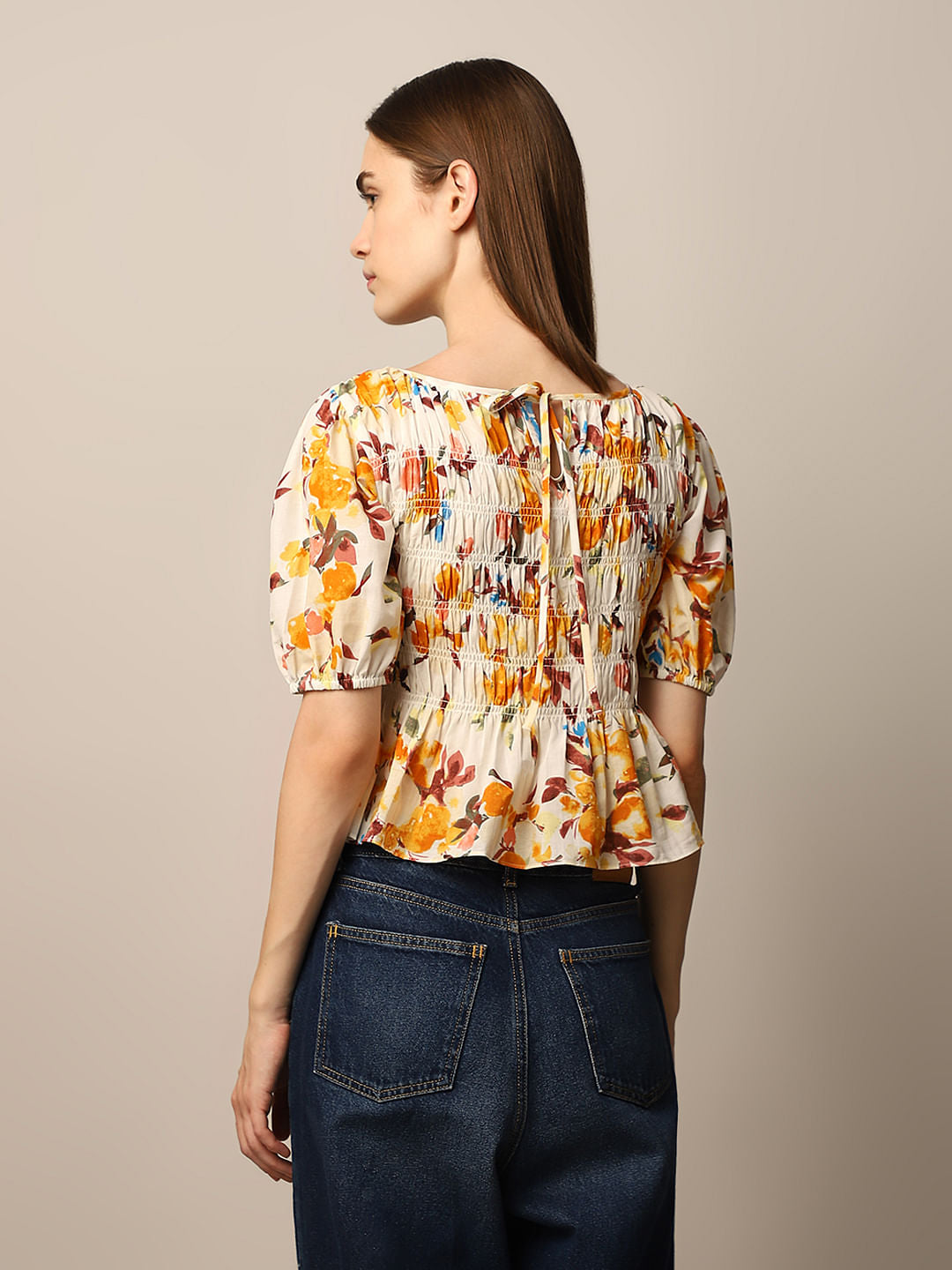 White Floral Print Smocked Top