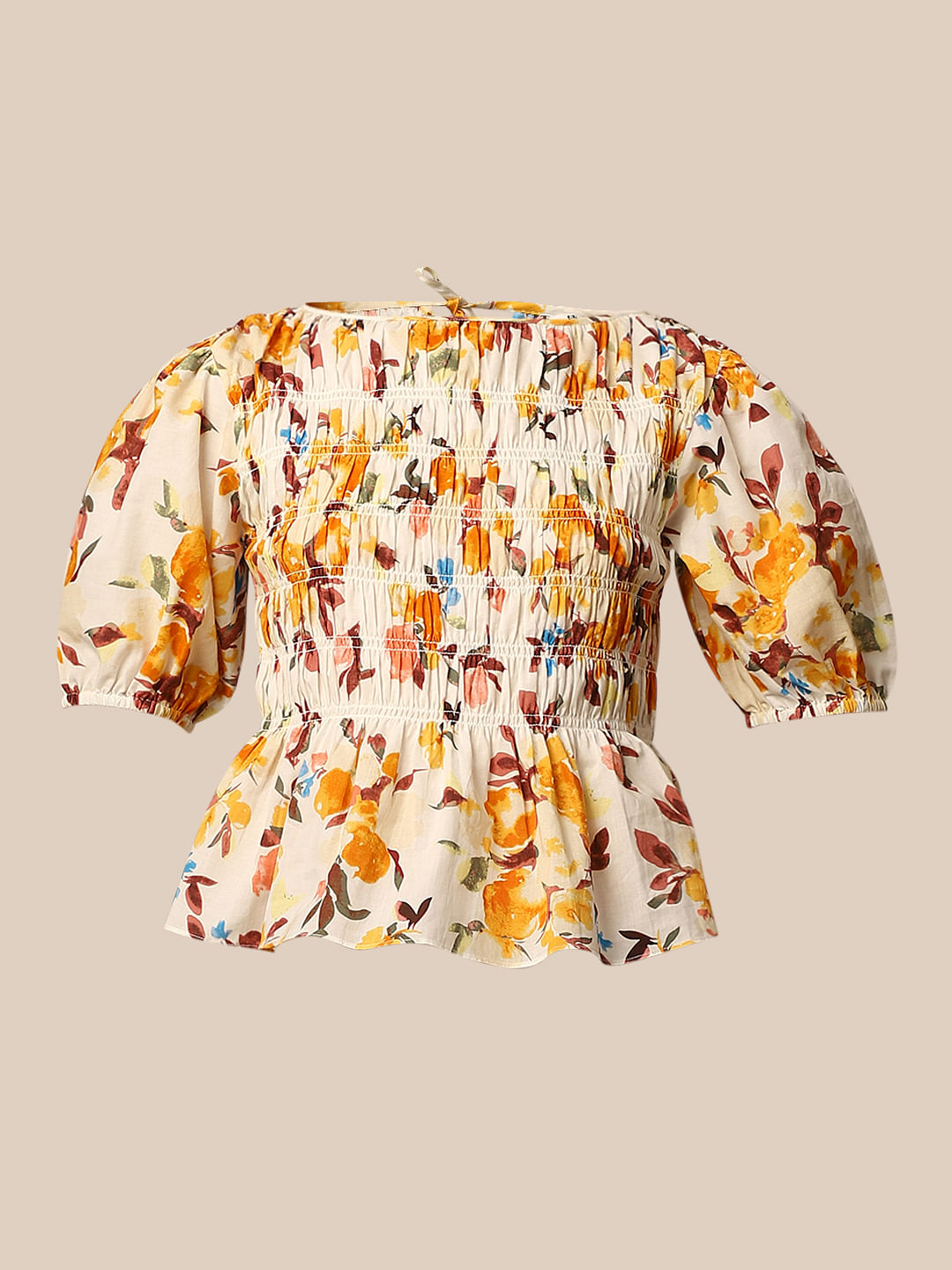 White Floral Print Smocked Top