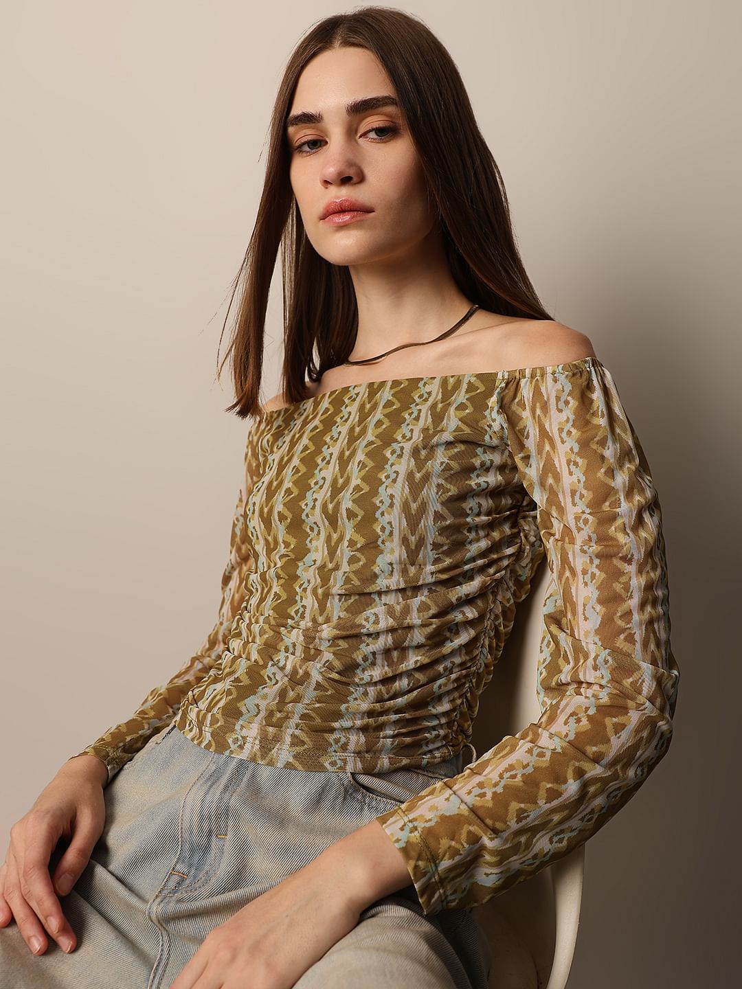 Green Printed Mesh Top