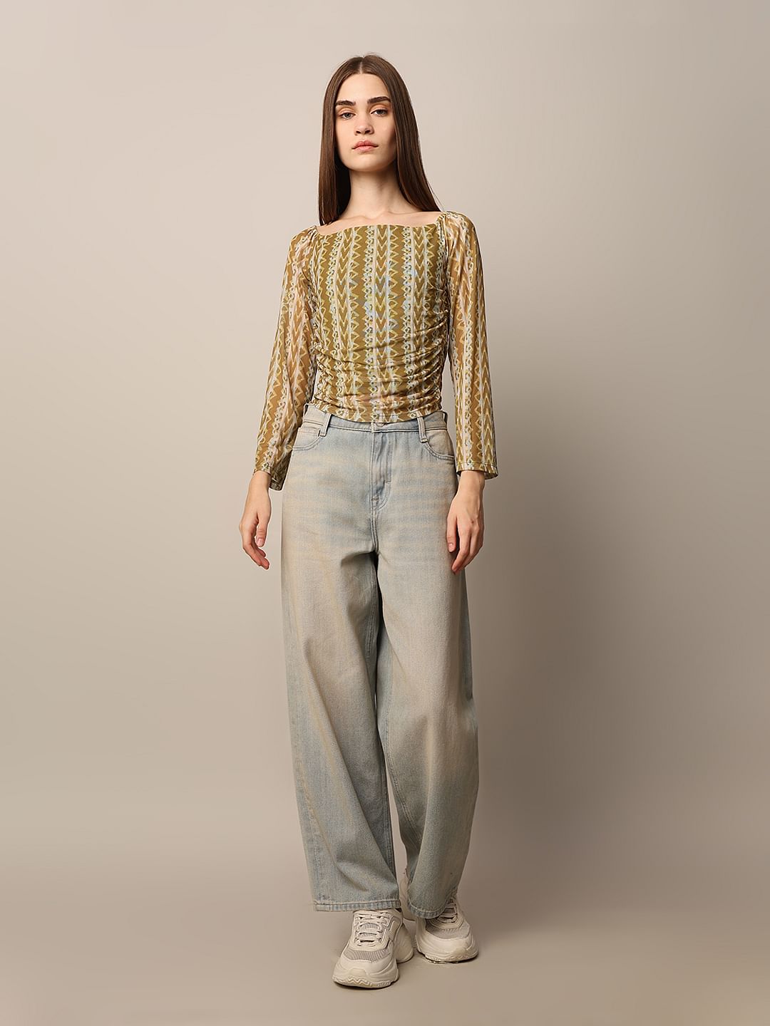 Green Printed Mesh Top