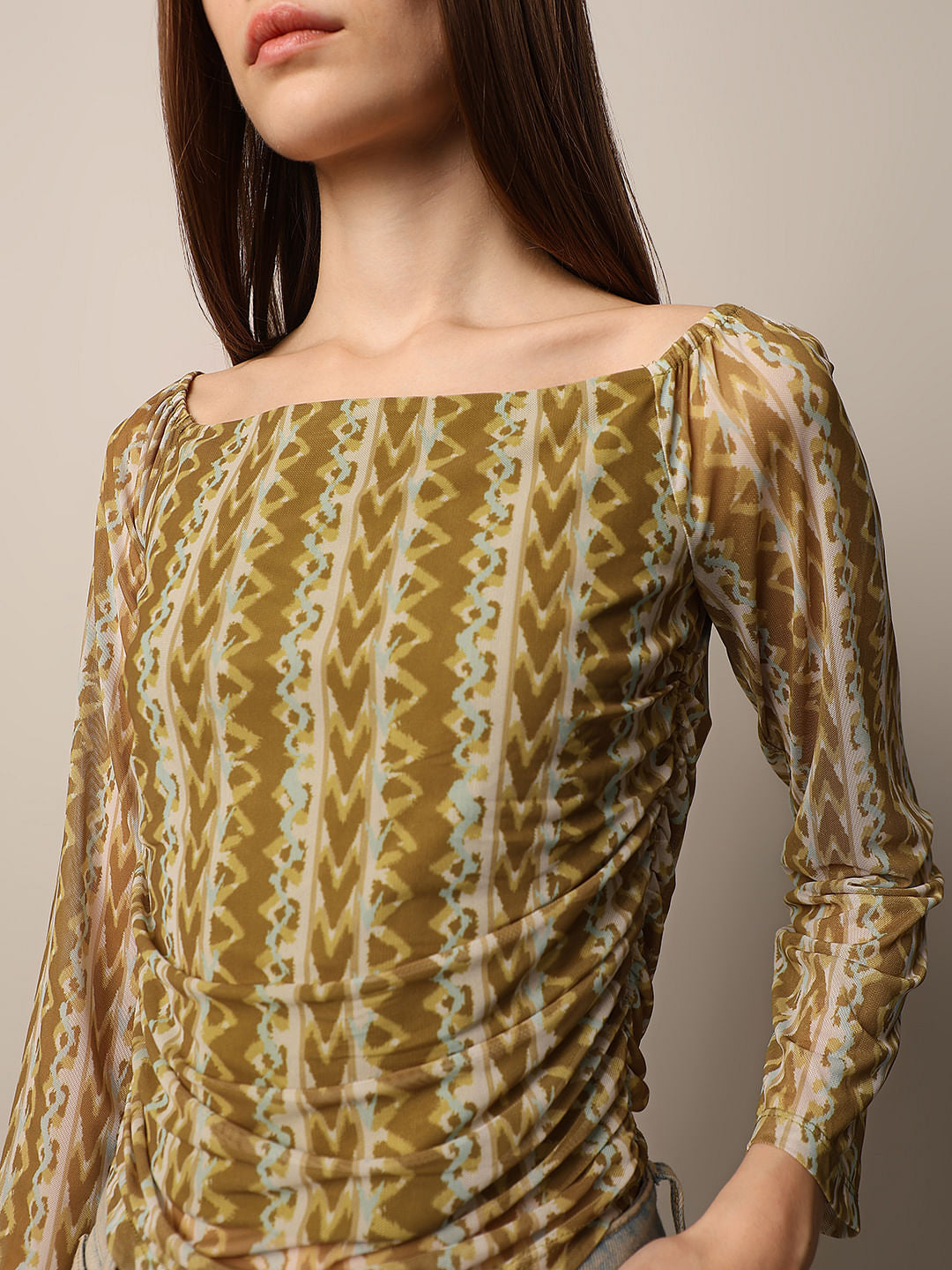 Green Printed Mesh Top