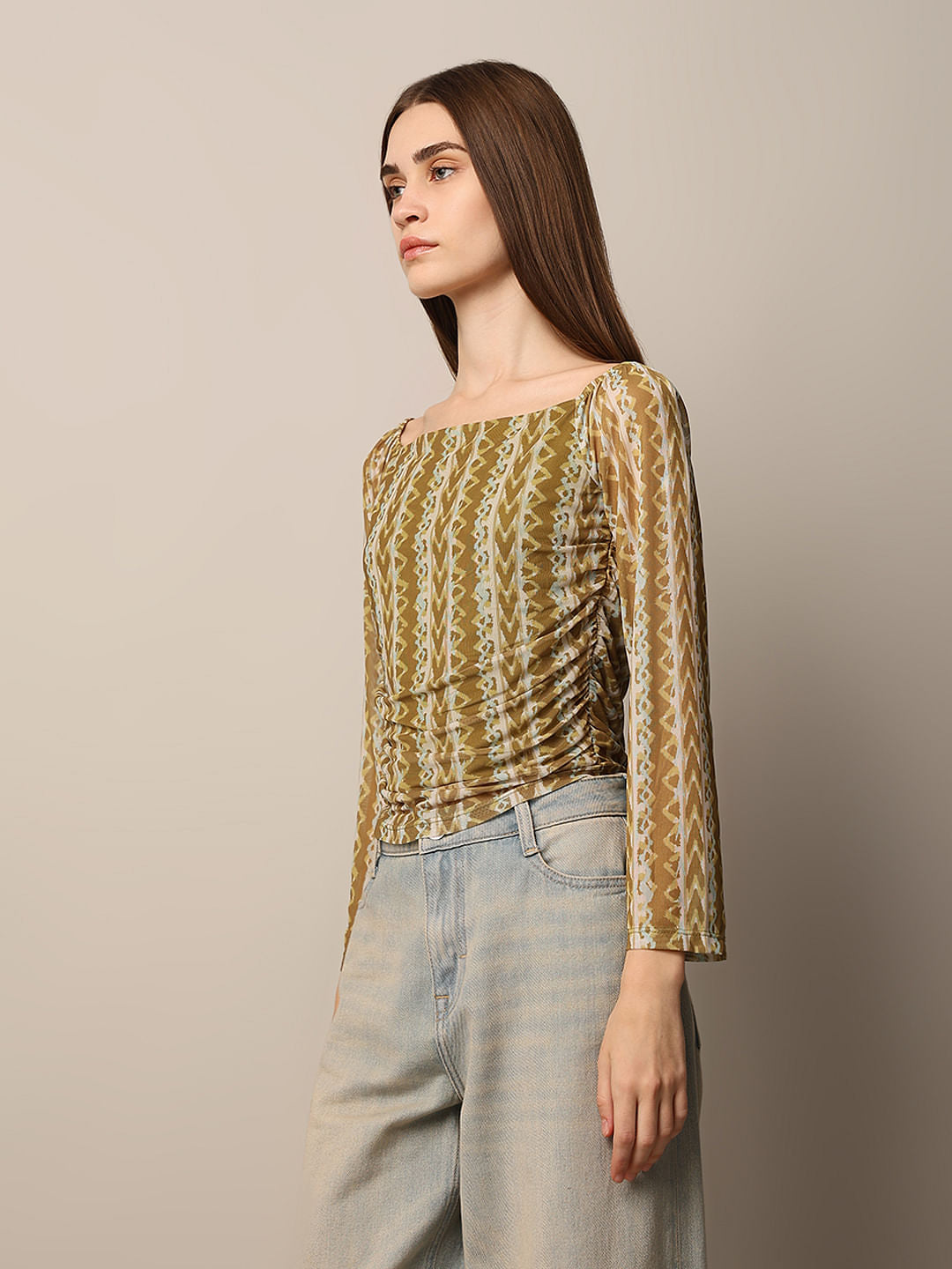 Green Printed Mesh Top