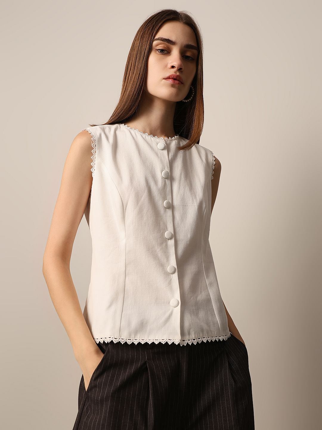 White Cotton-Linen Top