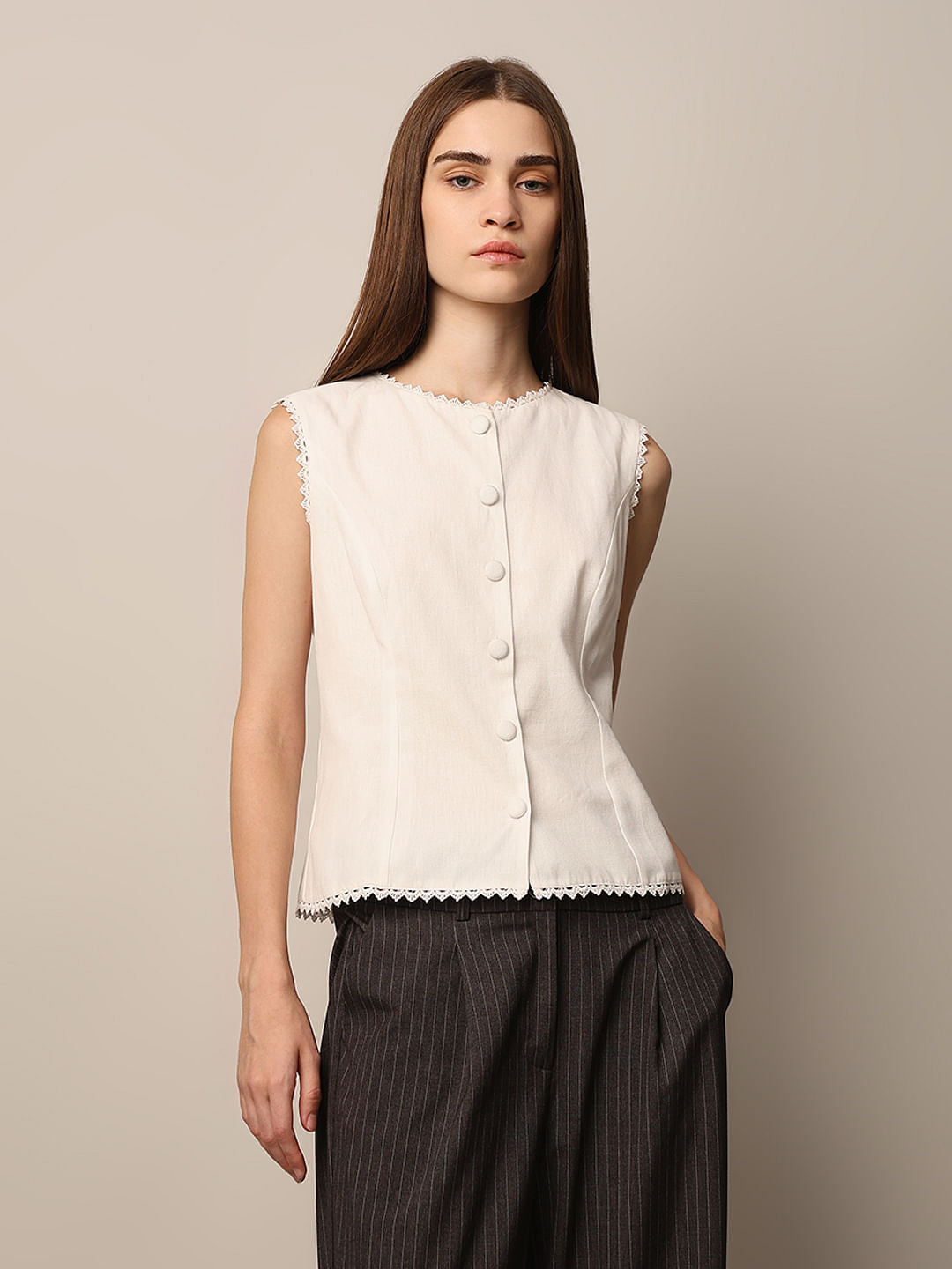 White Cotton-Linen Top