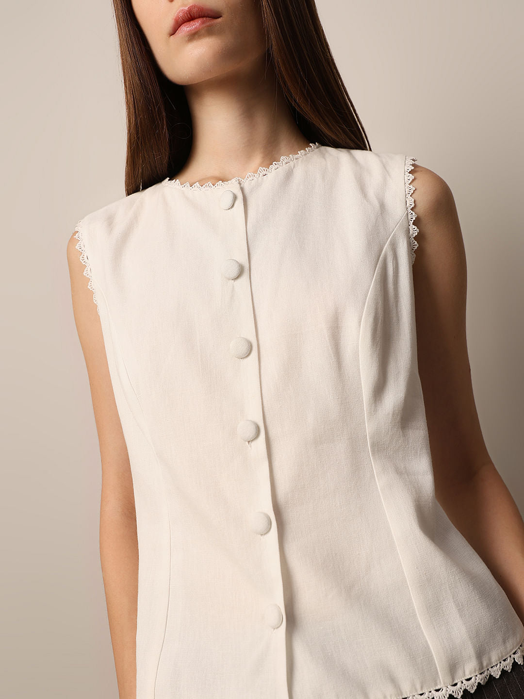 White Cotton-Linen Top