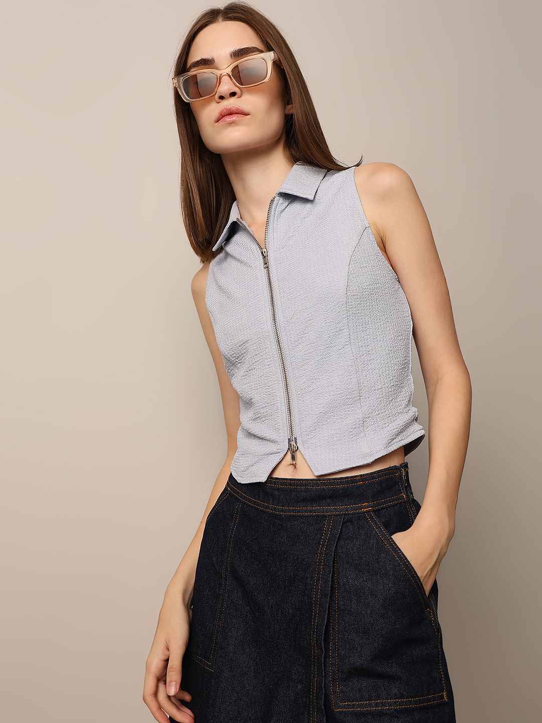 Blue Zip-Up Cropped Top