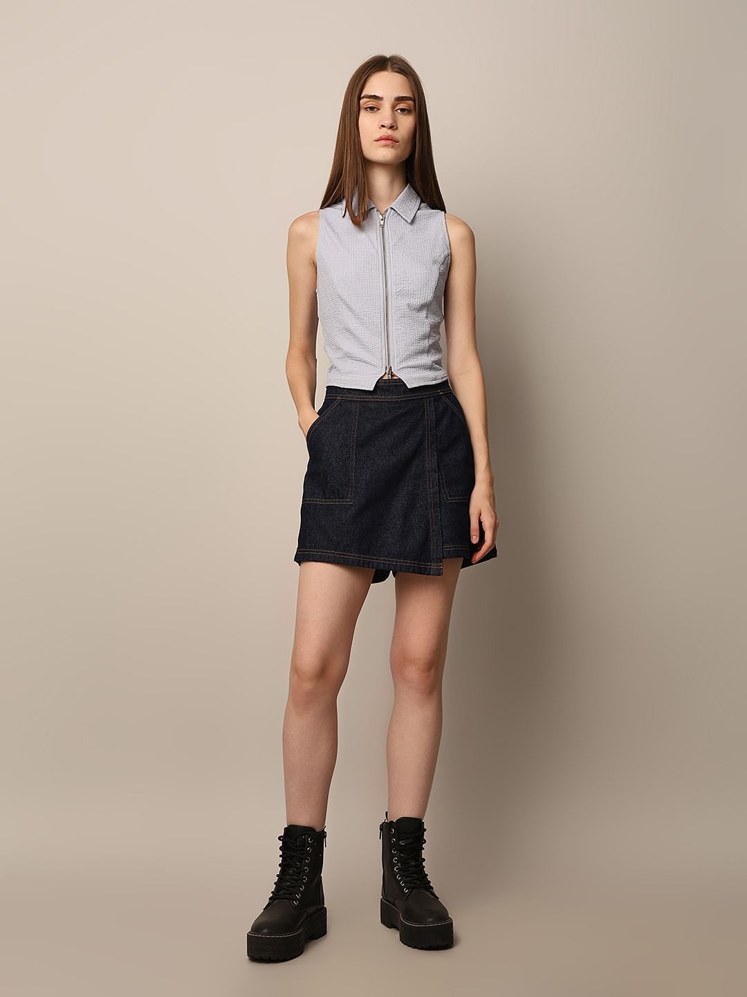 Blue Zip-Up Cropped Top