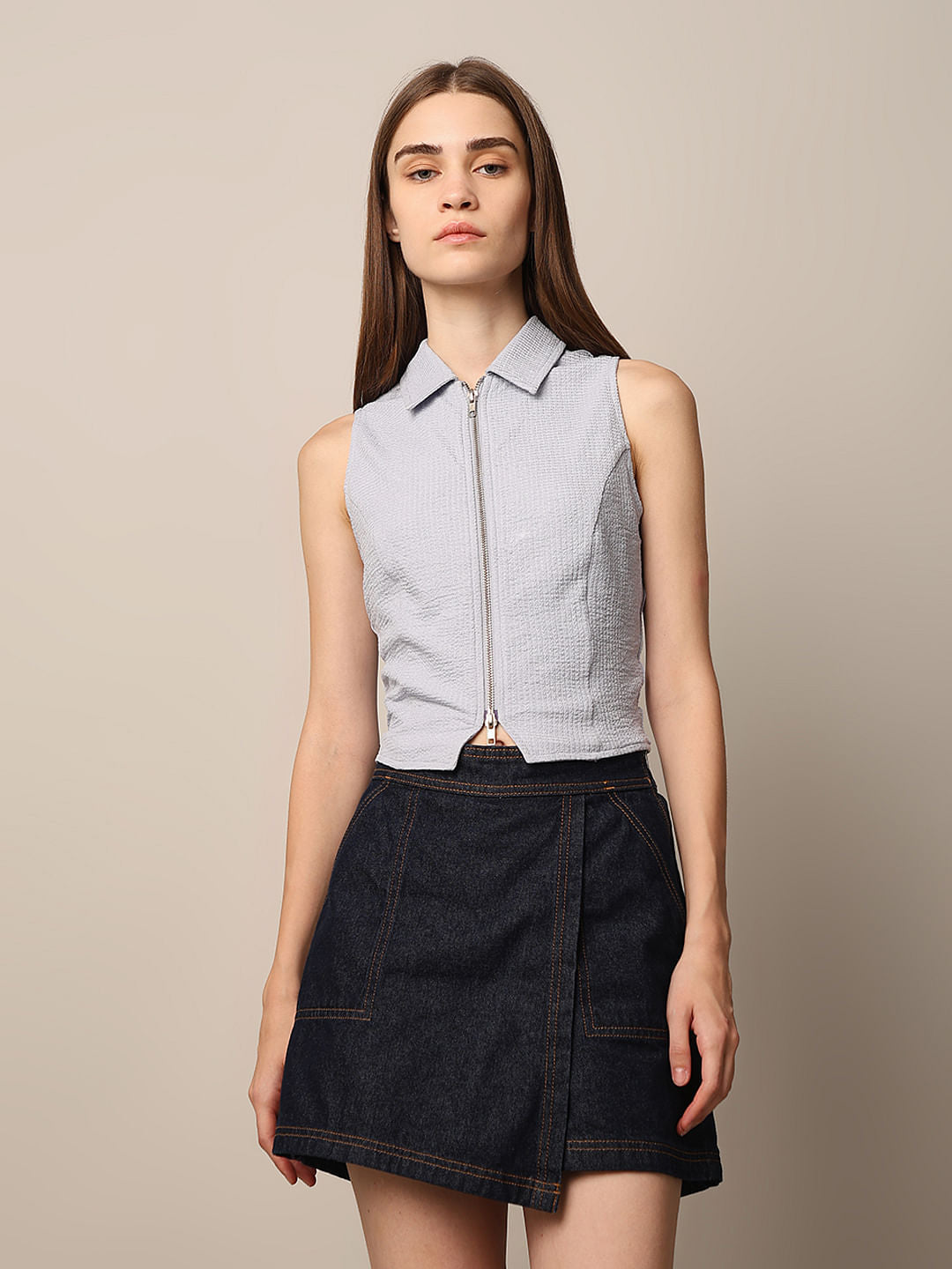 Blue Zip-Up Cropped Top