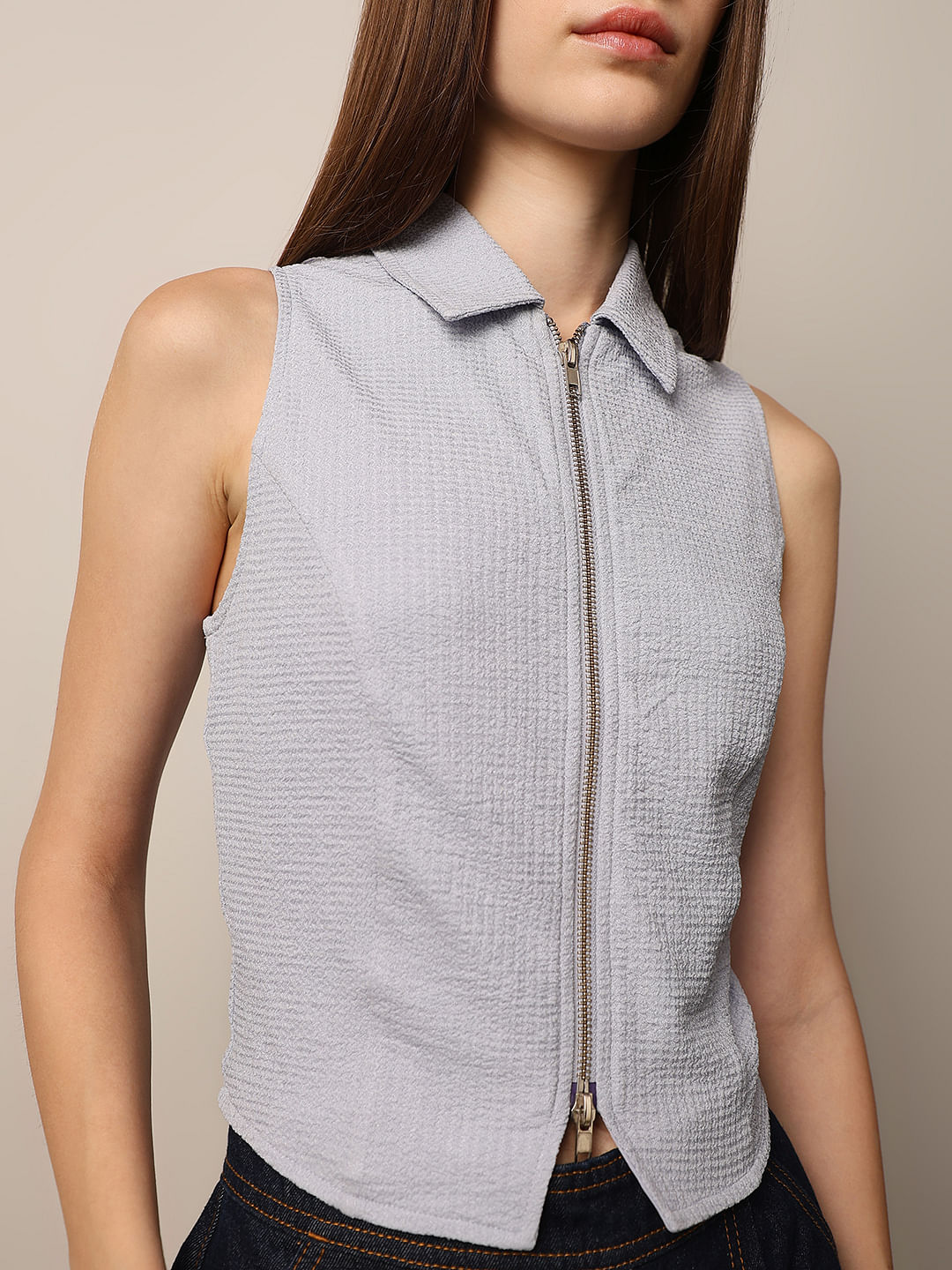 Blue Zip-Up Cropped Top