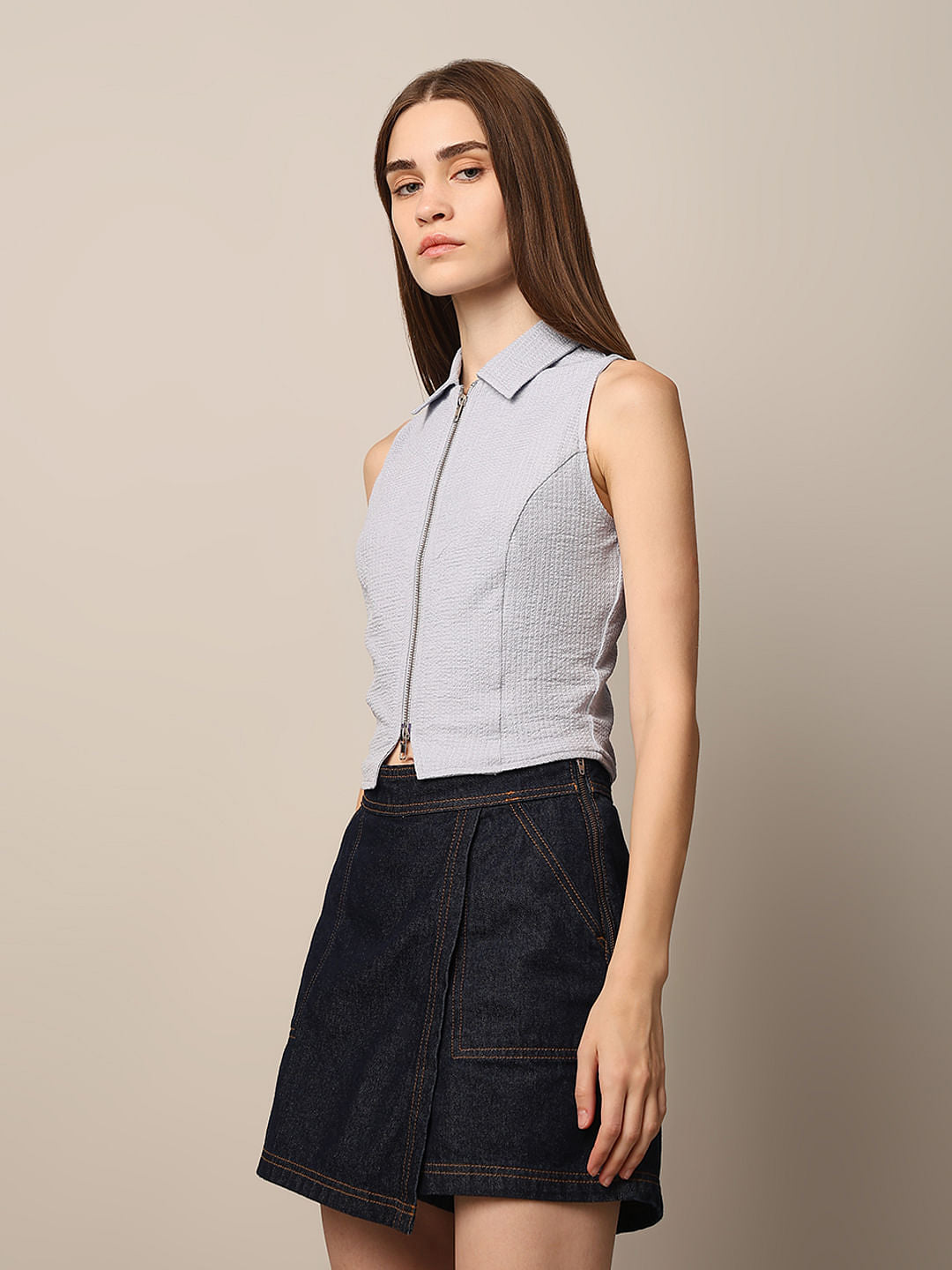 Blue Zip-Up Cropped Top