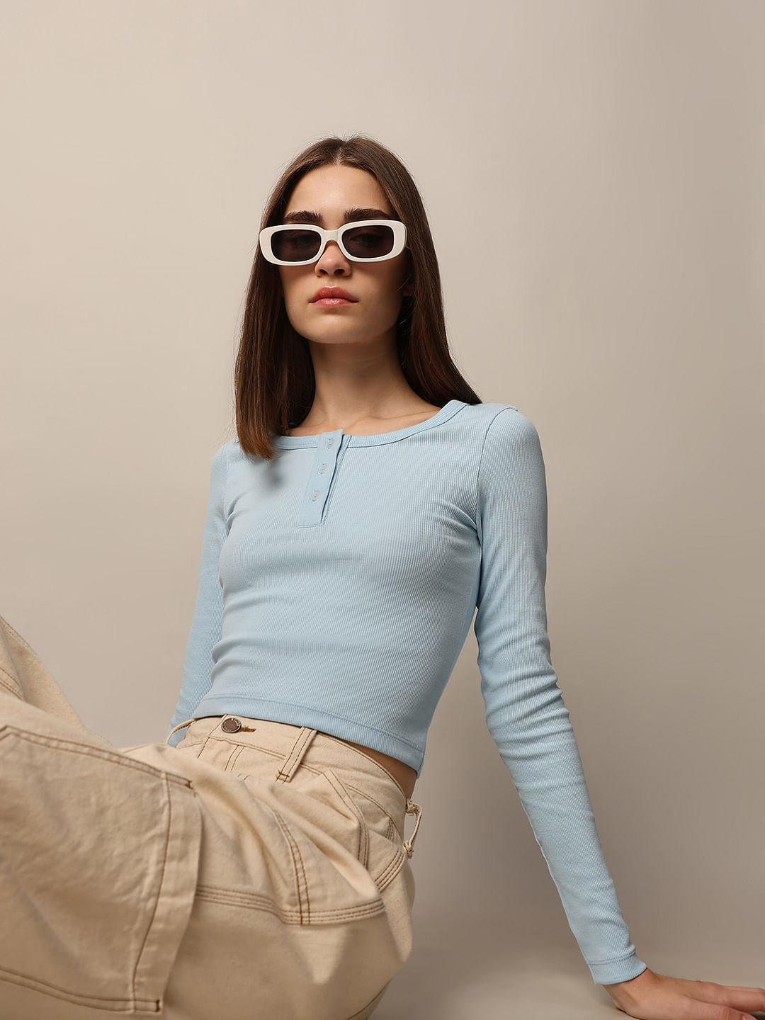 Blue Ribbed Fitted Top