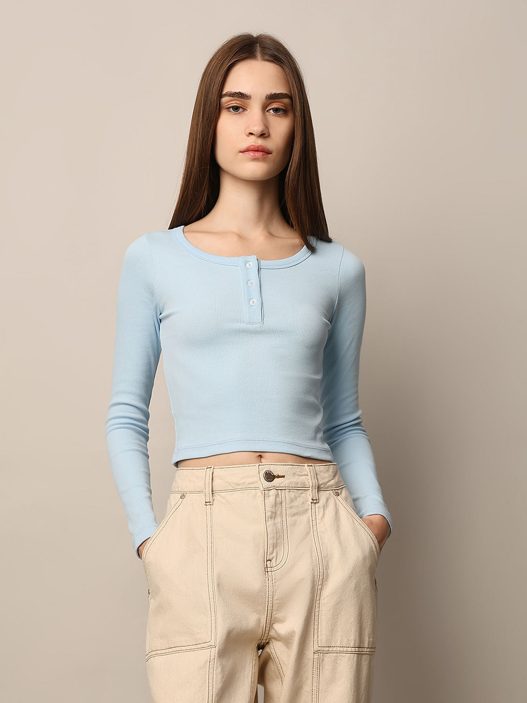 Blue Ribbed Fitted Top